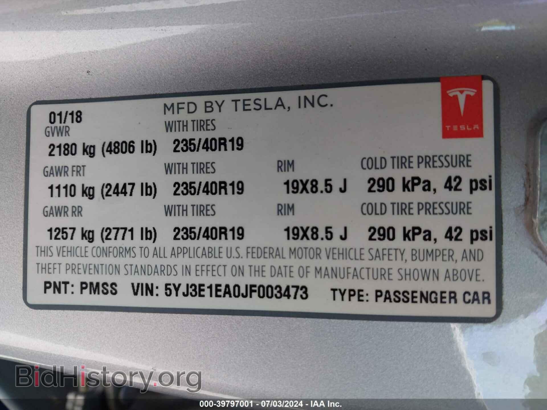 2018 TESLA MODEL 3 - VIN: 5YJ3E1EA0JF003473 - Фото 9