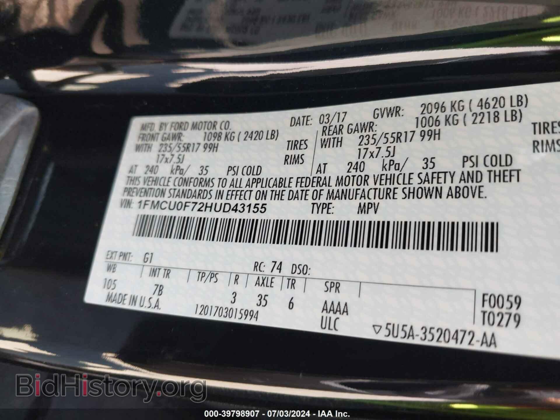 2017 FORD ESCAPE - VIN: 1FMCU0F72HUD43155 - Фото 9