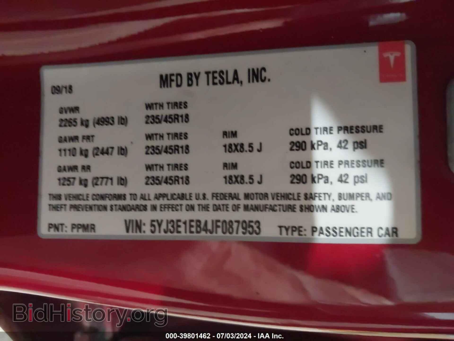 2018 TESLA MODEL 3 - VIN: 5YJ3E1EB4JF087953 - Фото 9