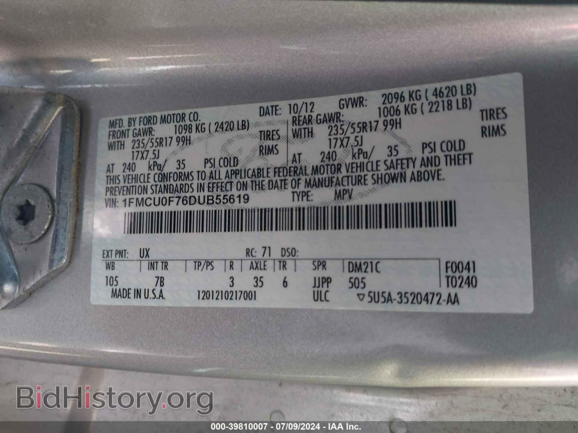 2013 FORD ESCAPE - VIN: 1FMCU0F76DUB55619 - Фото 9