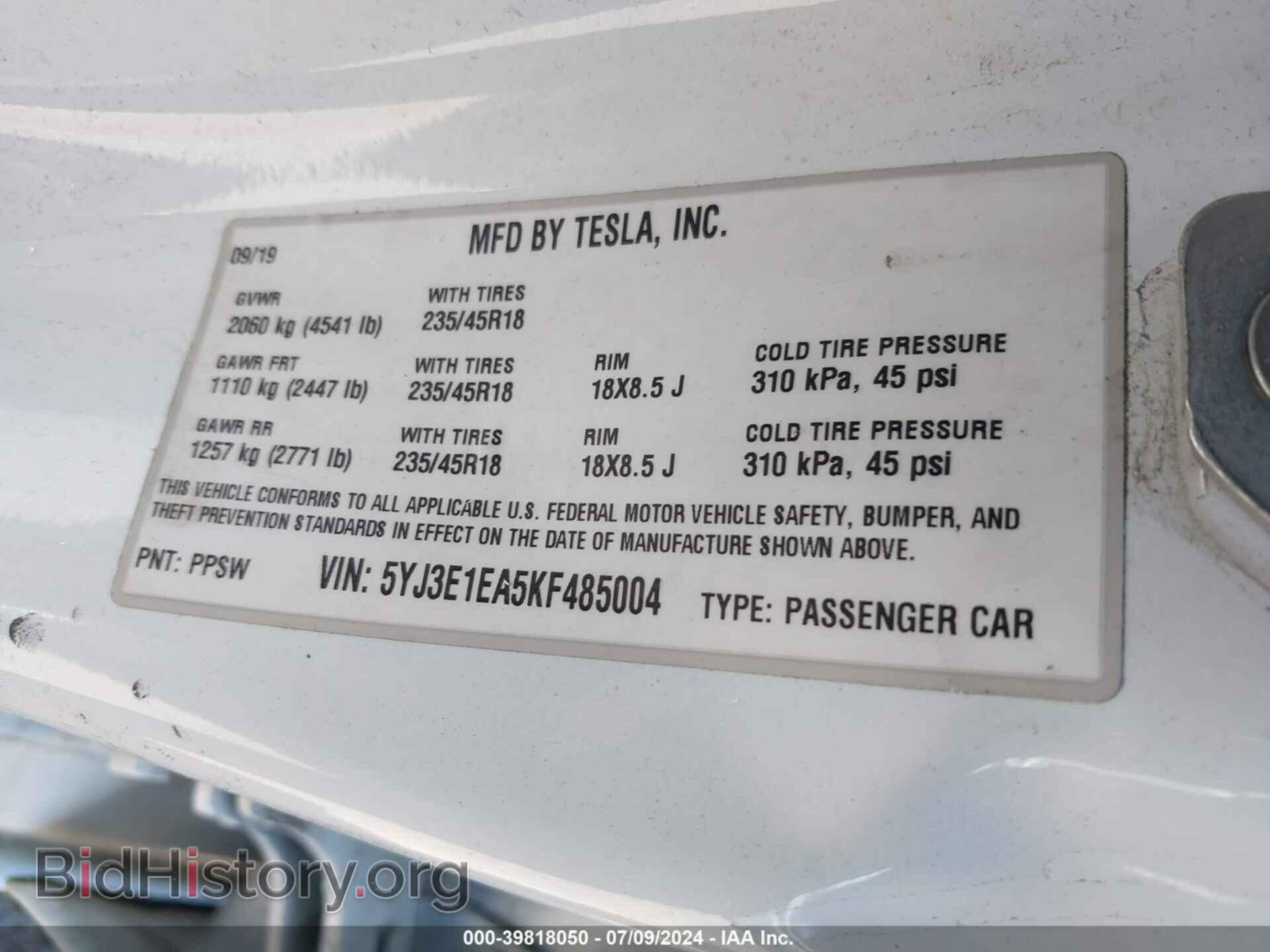 2019 TESLA MODEL 3 - VIN: 5YJ3E1EA5KF485004 - Фото 9