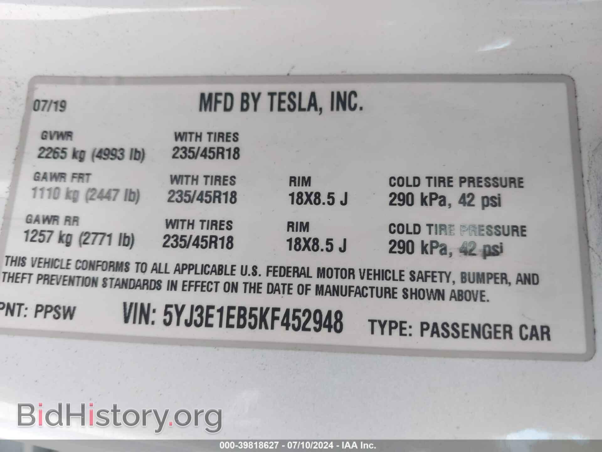 2019 TESLA MODEL 3 - VIN: 5YJ3E1EB5KF452948 - Photo 9