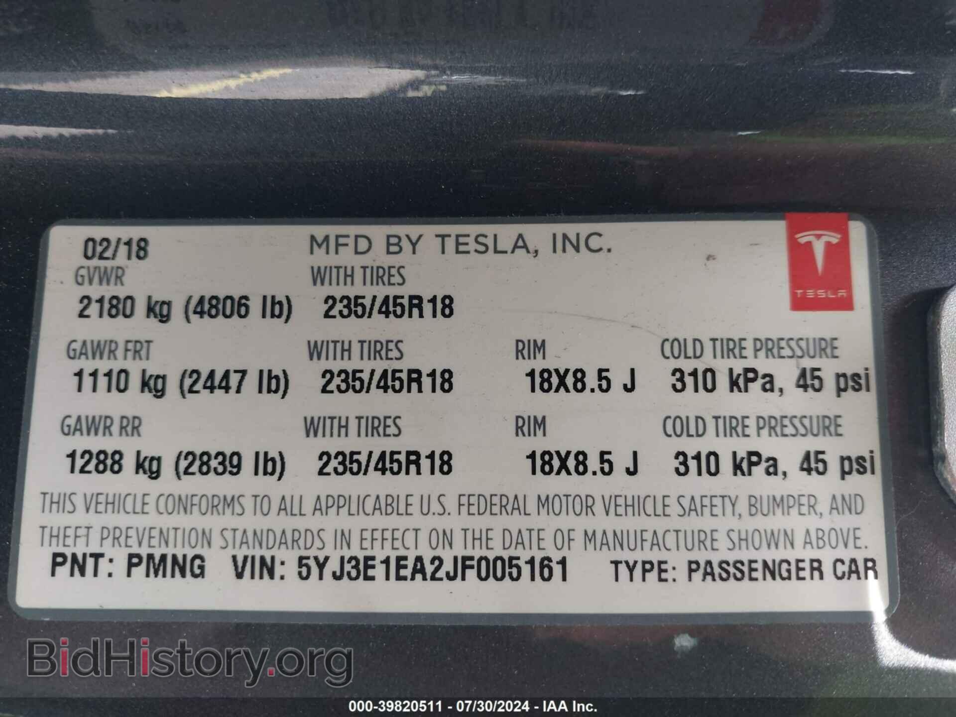 2018 TESLA MODEL 3 - VIN: 5YJ3E1EA2JF005161 - Фото 9