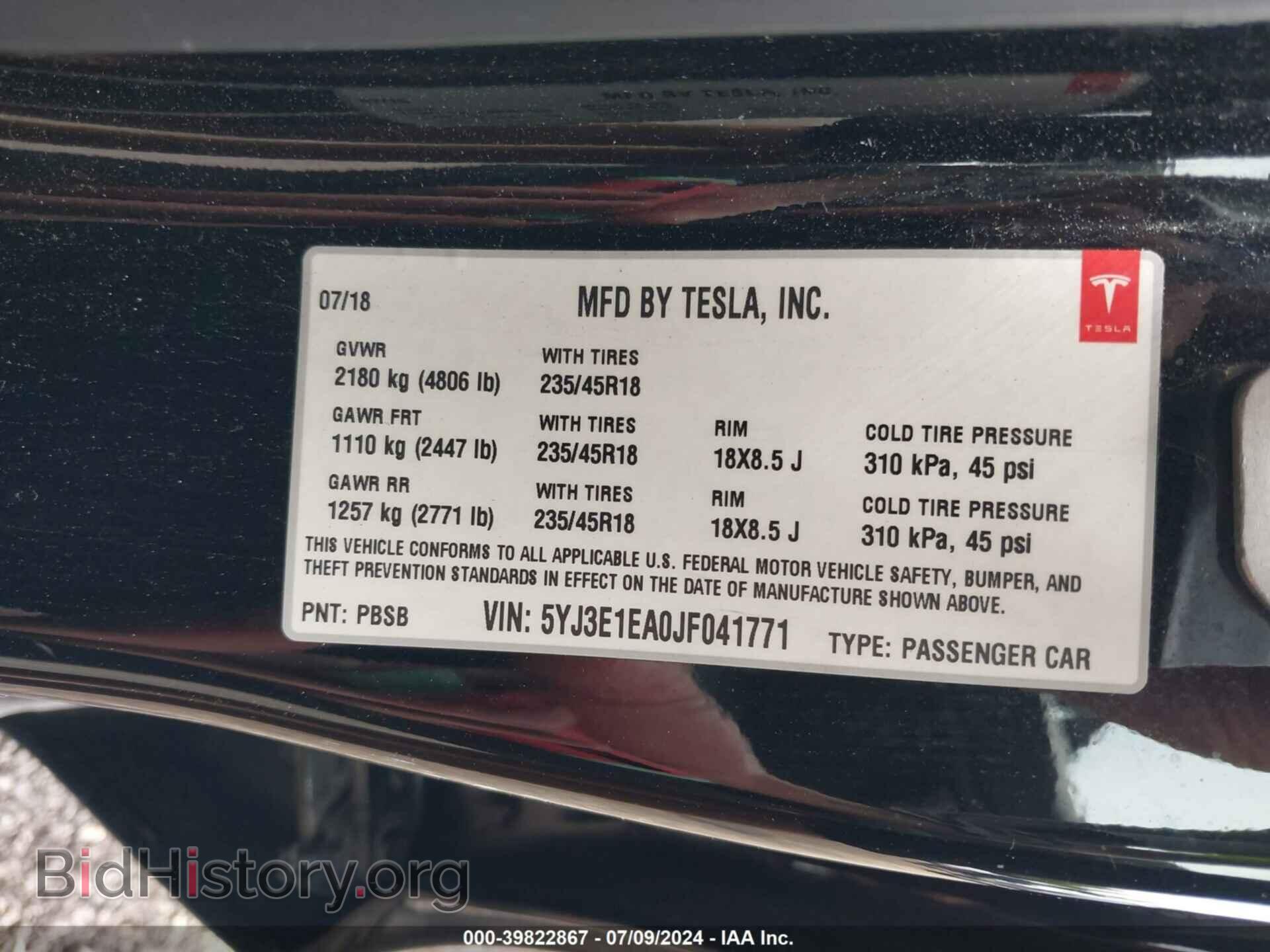 2018 TESLA MODEL 3 - VIN: 5YJ3E1EA0JF041771 - Фото 9