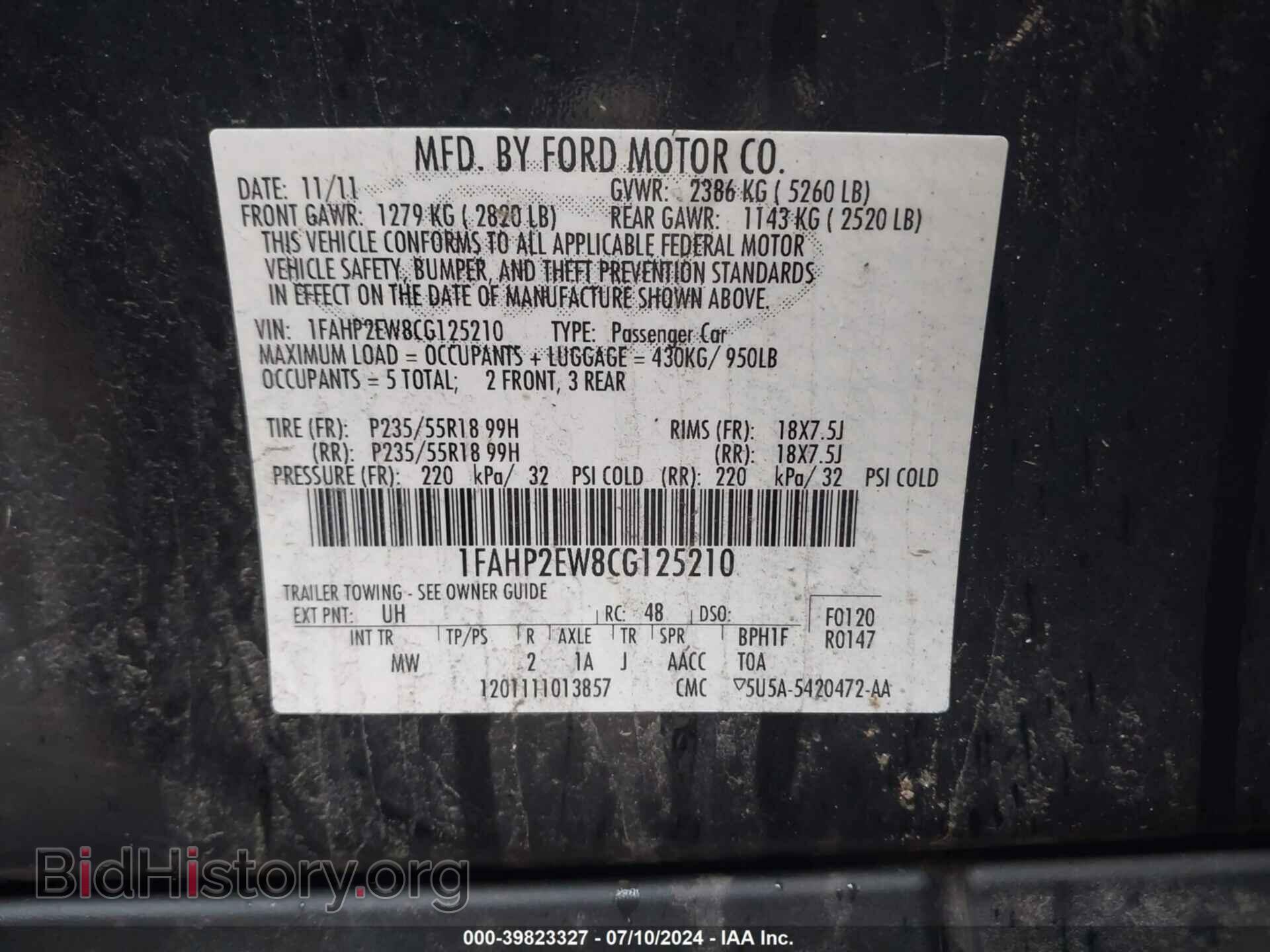 2012 FORD TAURUS - VIN: 1FAHP2EW8CG125210 - Photo 9