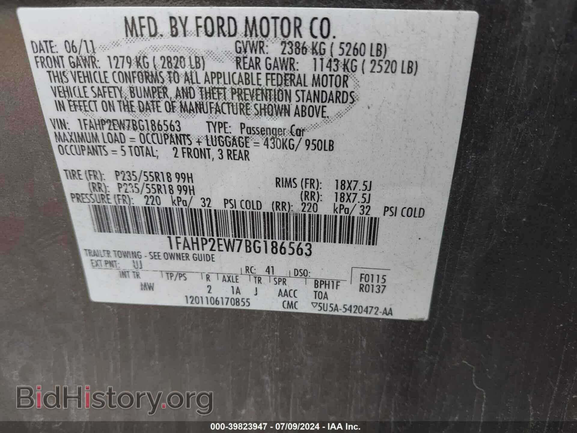 2011 FORD TAURUS - VIN: 1FAHP2EW7BG186563 - Photo 9