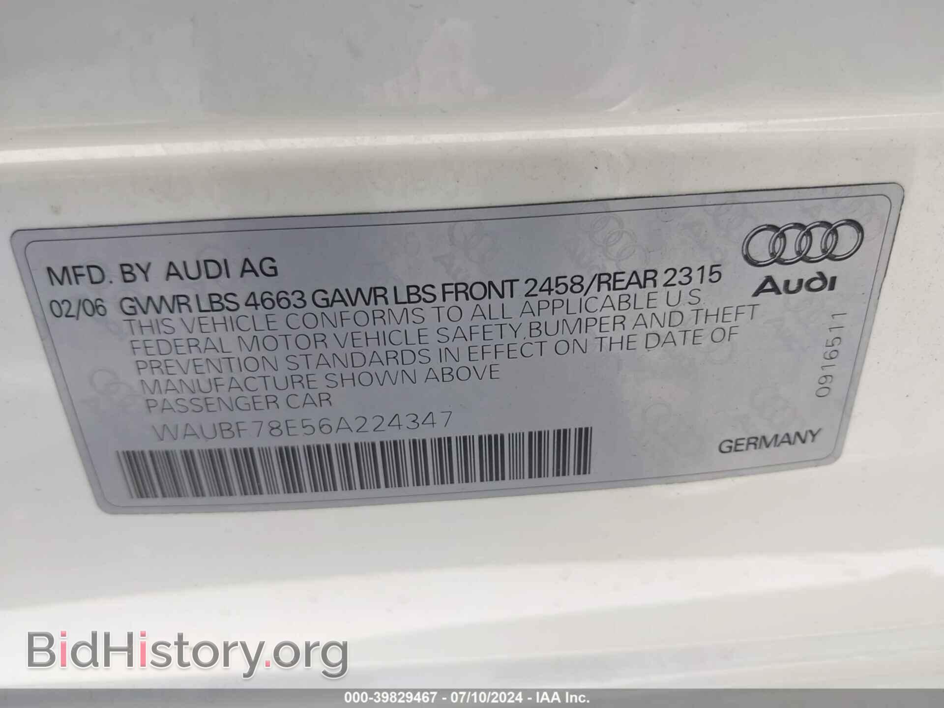 2006 AUDI A4 - VIN: WAUBF78E56A224347 - Фото 9
