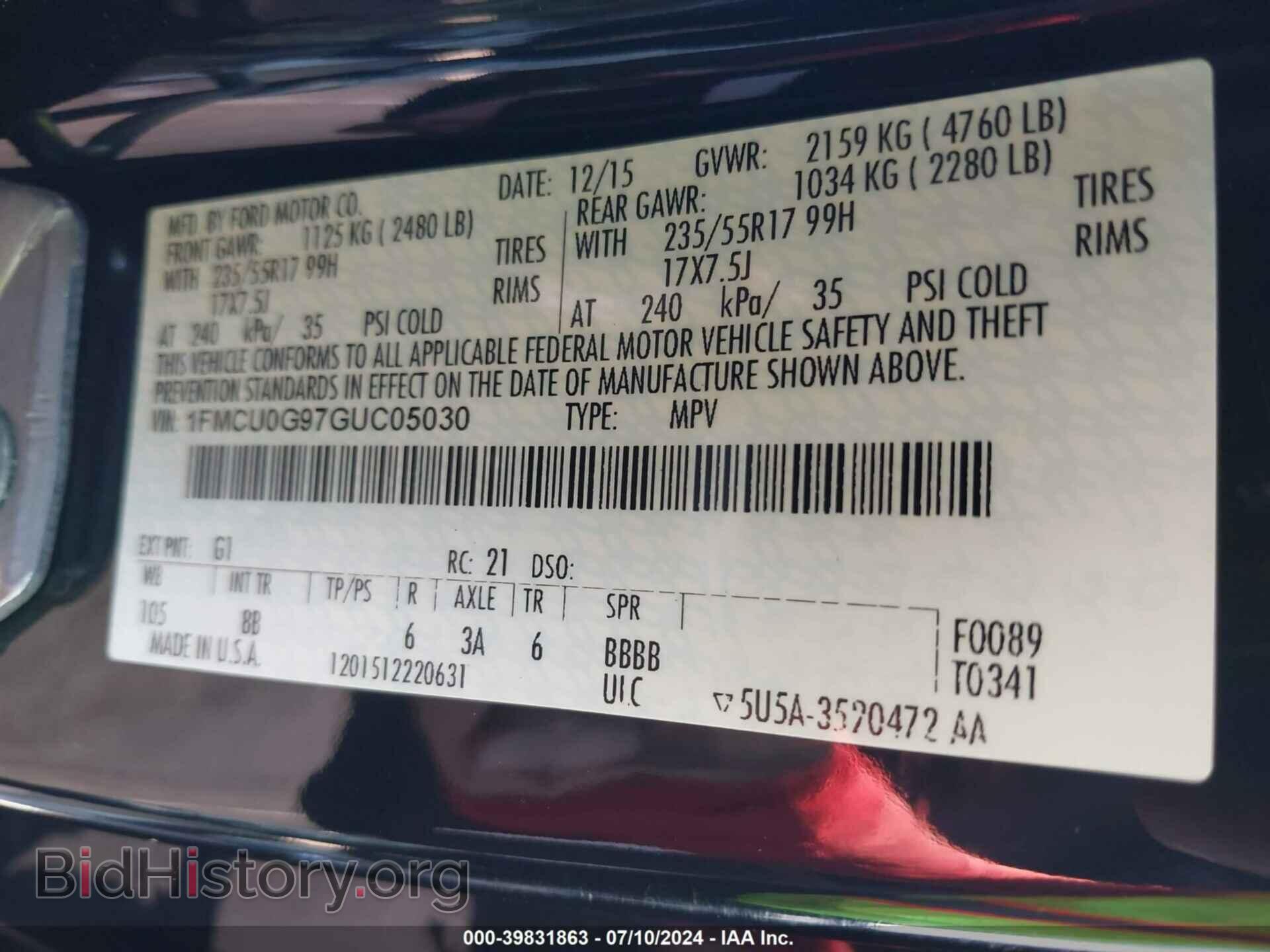 2016 FORD ESCAPE - VIN: 1FMCU0G97GUC05030 - Фото 9