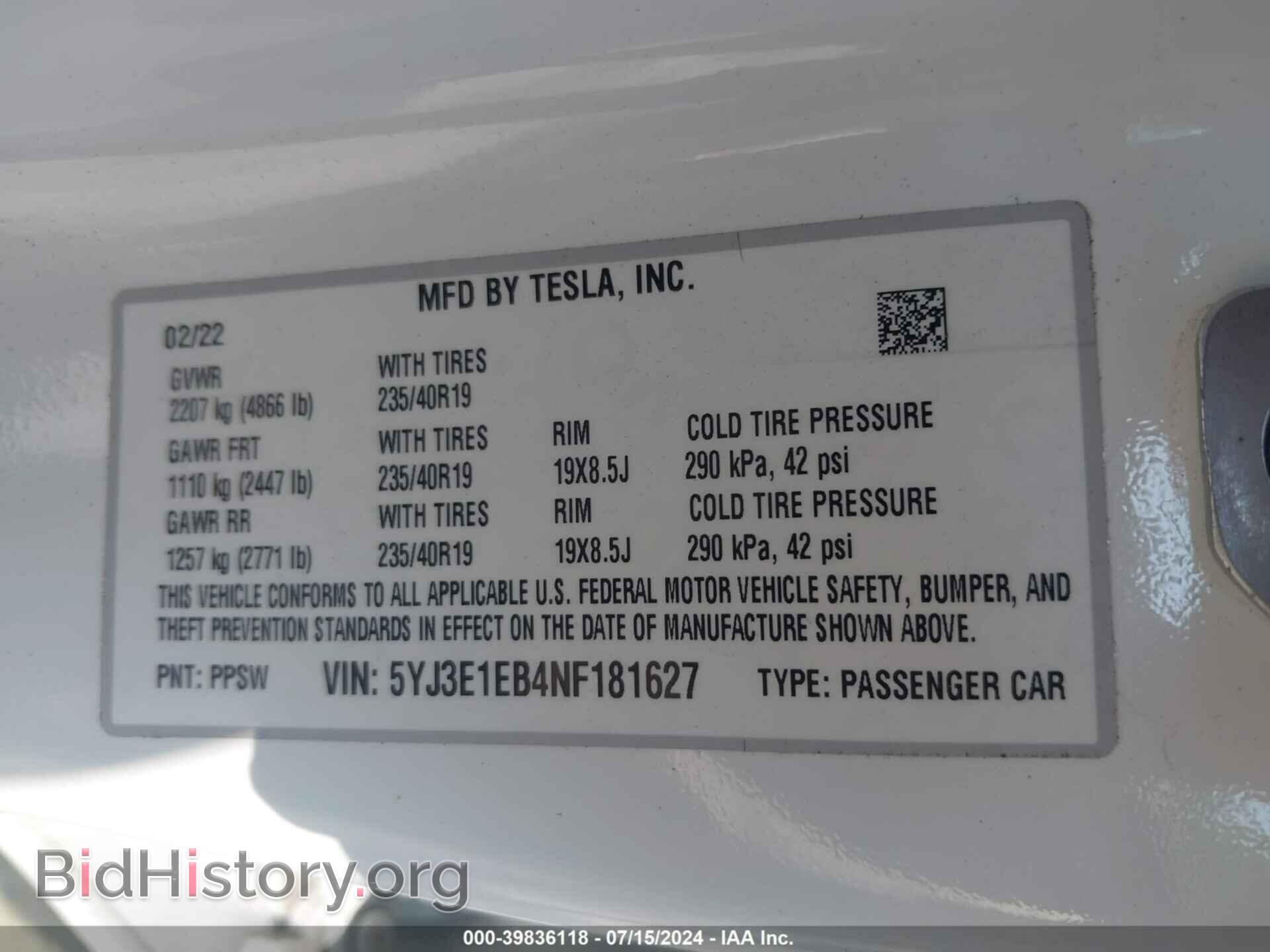 2022 TESLA MODEL 3 - VIN: 5YJ3E1EB4NF181627 - Фото 9