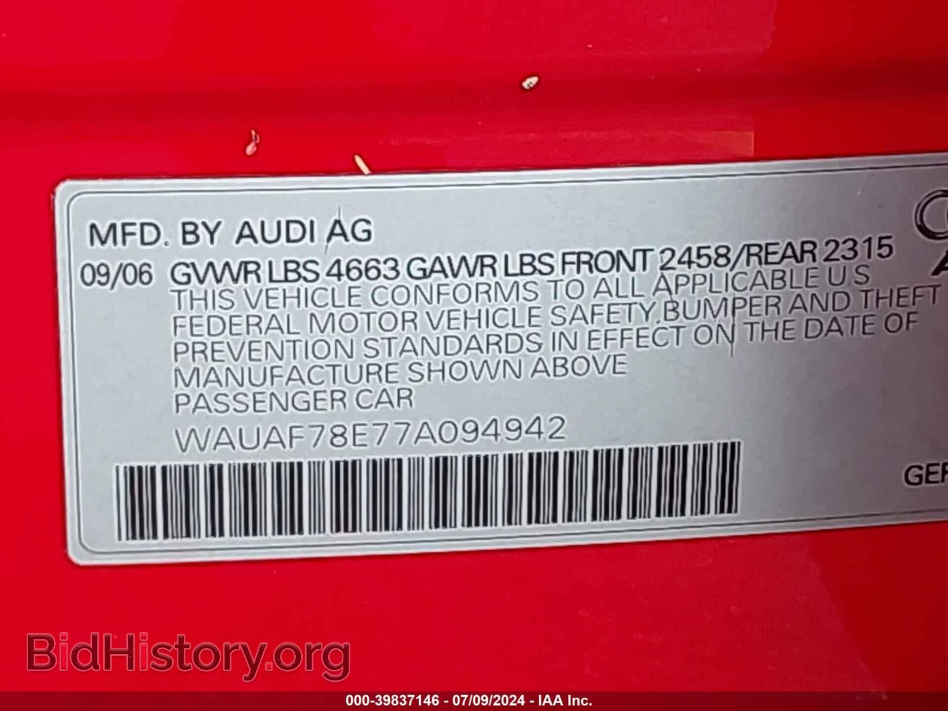 2007 AUDI A4 - VIN: WAUAF78E77A094942 - Фото 9
