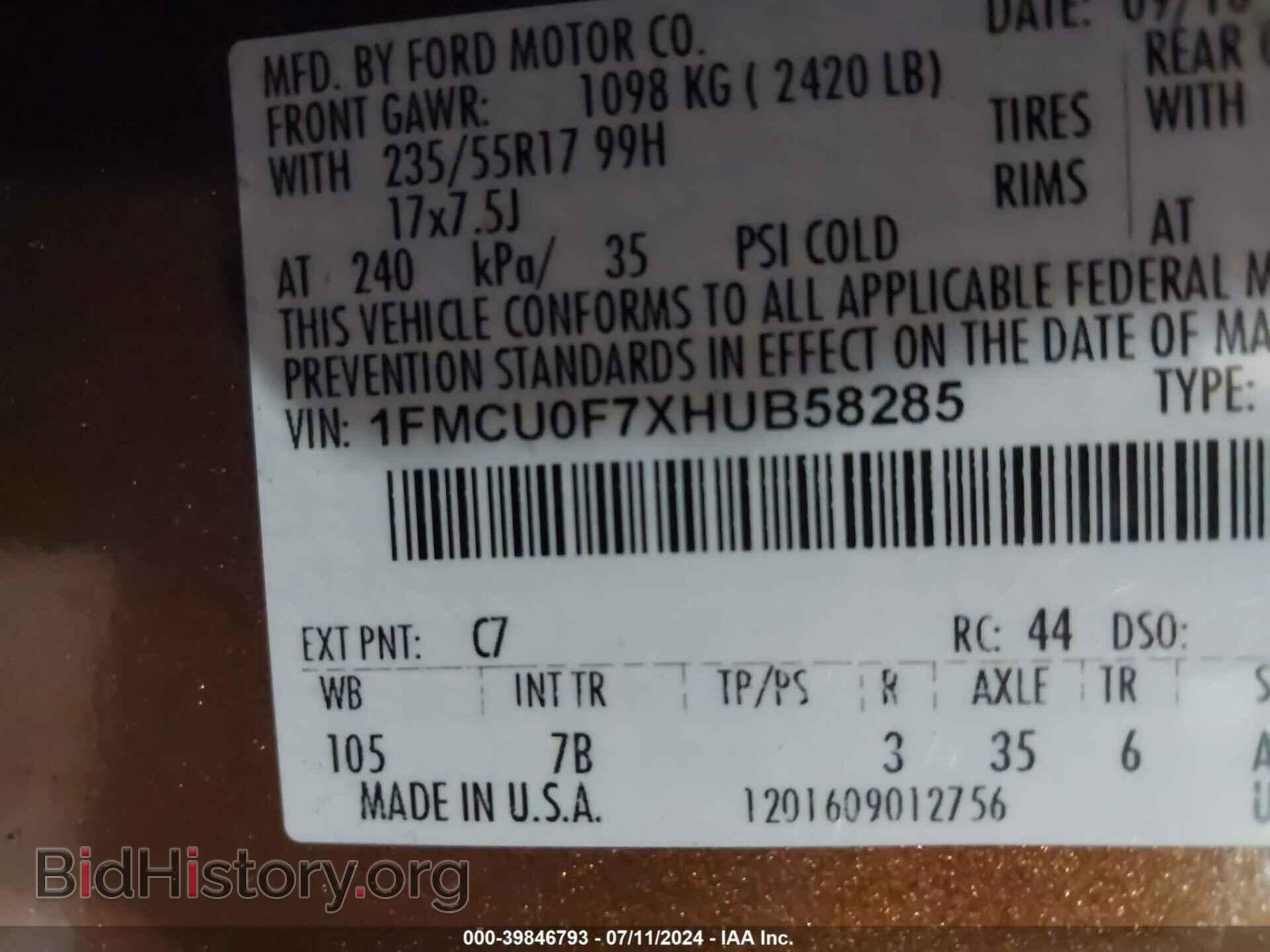 2017 FORD ESCAPE - VIN: 1FMCU0F7XHUB58285 - Фото 9