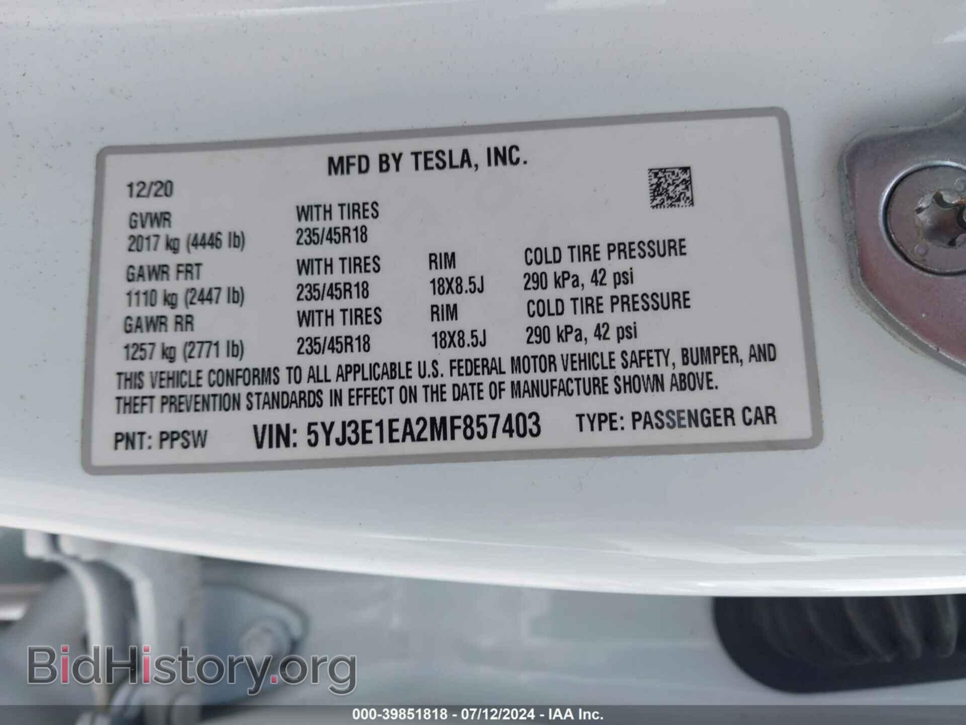 2021 TESLA MODEL 3 - VIN: 5YJ3E1EA2MF857403 - Фото 9