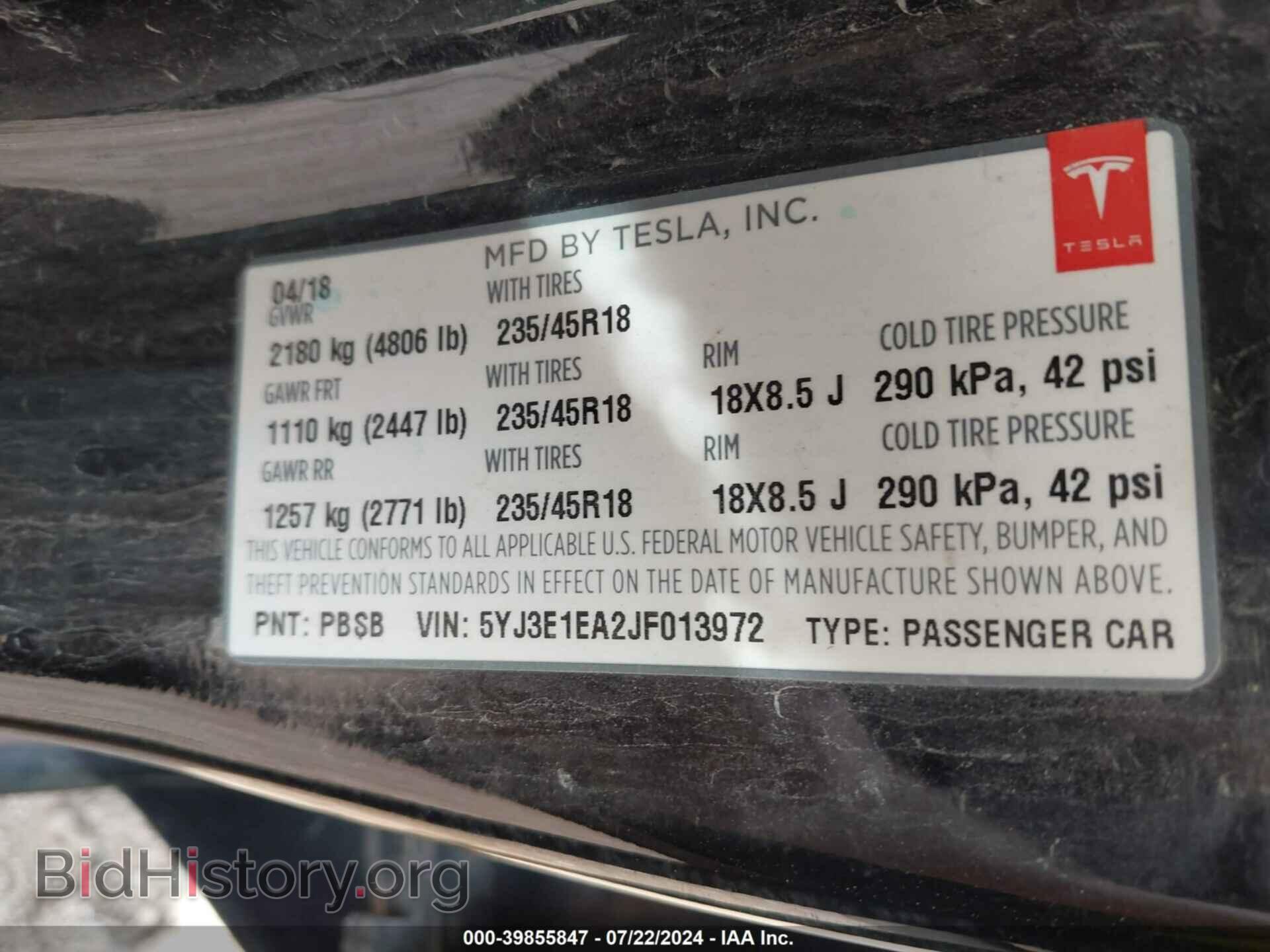 2018 TESLA MODEL 3 - VIN: 5YJ3E1EA2JF013972 - Фото 9