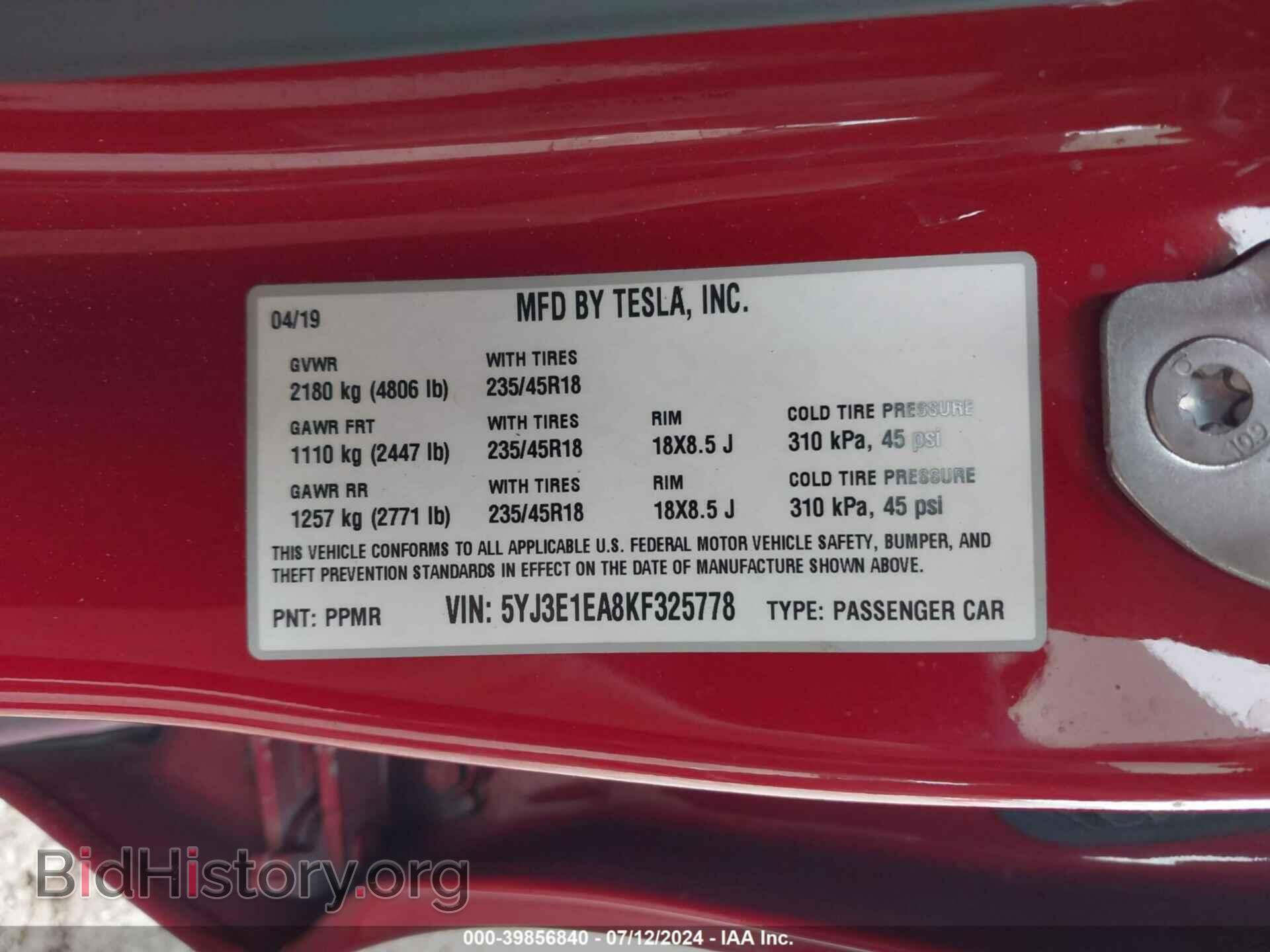 2019 TESLA MODEL 3 - VIN: 5YJ3E1EA8KF325778 - Фото 9