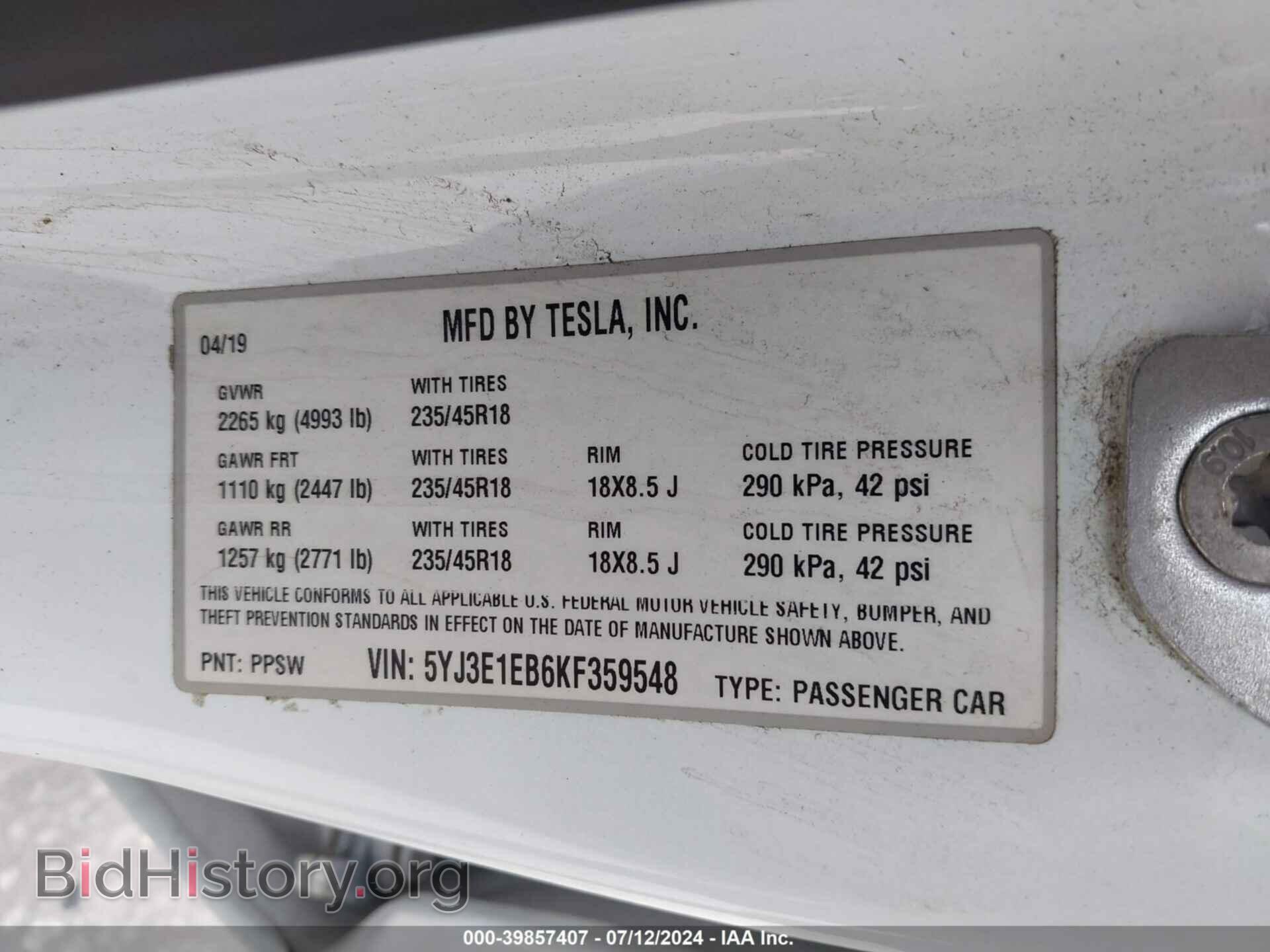 2019 TESLA MODEL 3 - VIN: 5YJ3E1EB6KF359548 - Фото 9