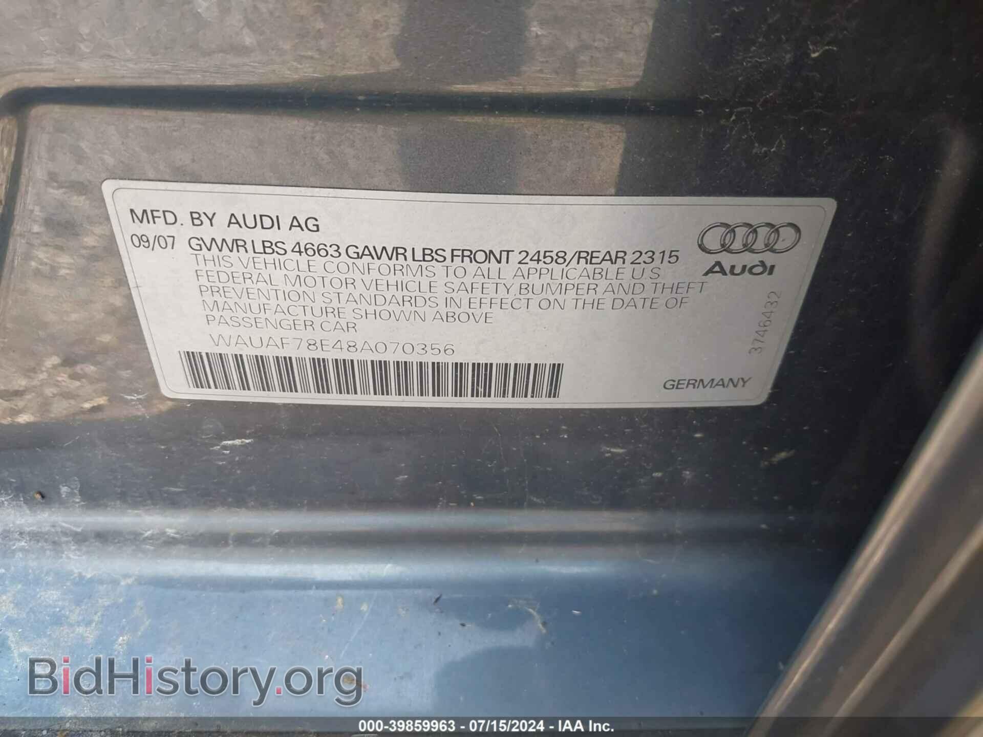 2008 AUDI A4 - VIN: WAUAF78E48A070356 - Фото 9