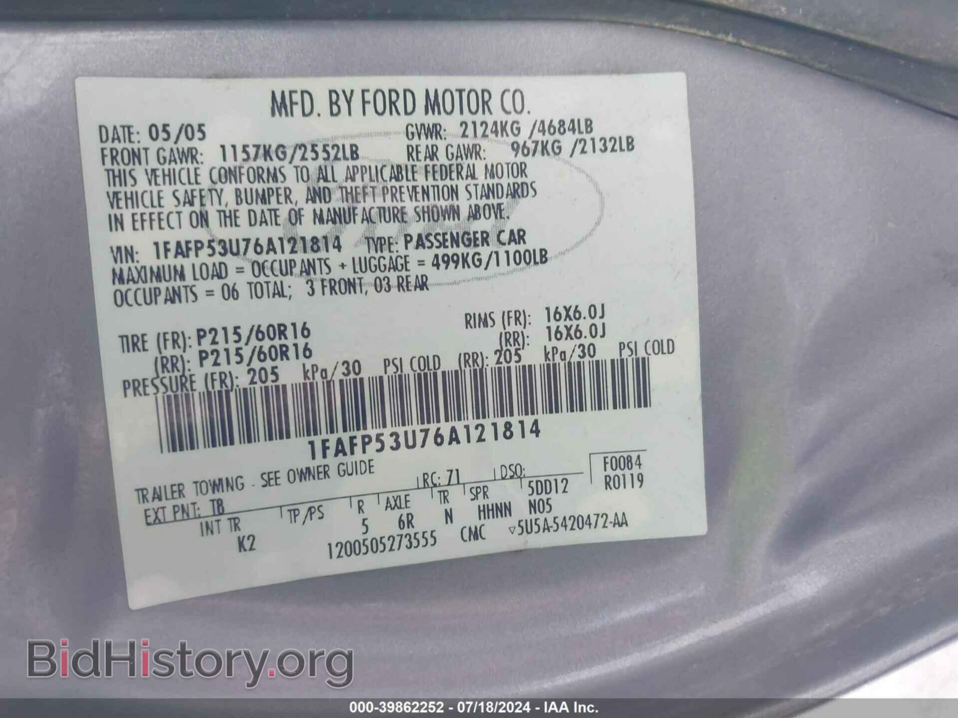 2006 FORD TAURUS - VIN: 1FAFP53U76A121814 - Photo 9