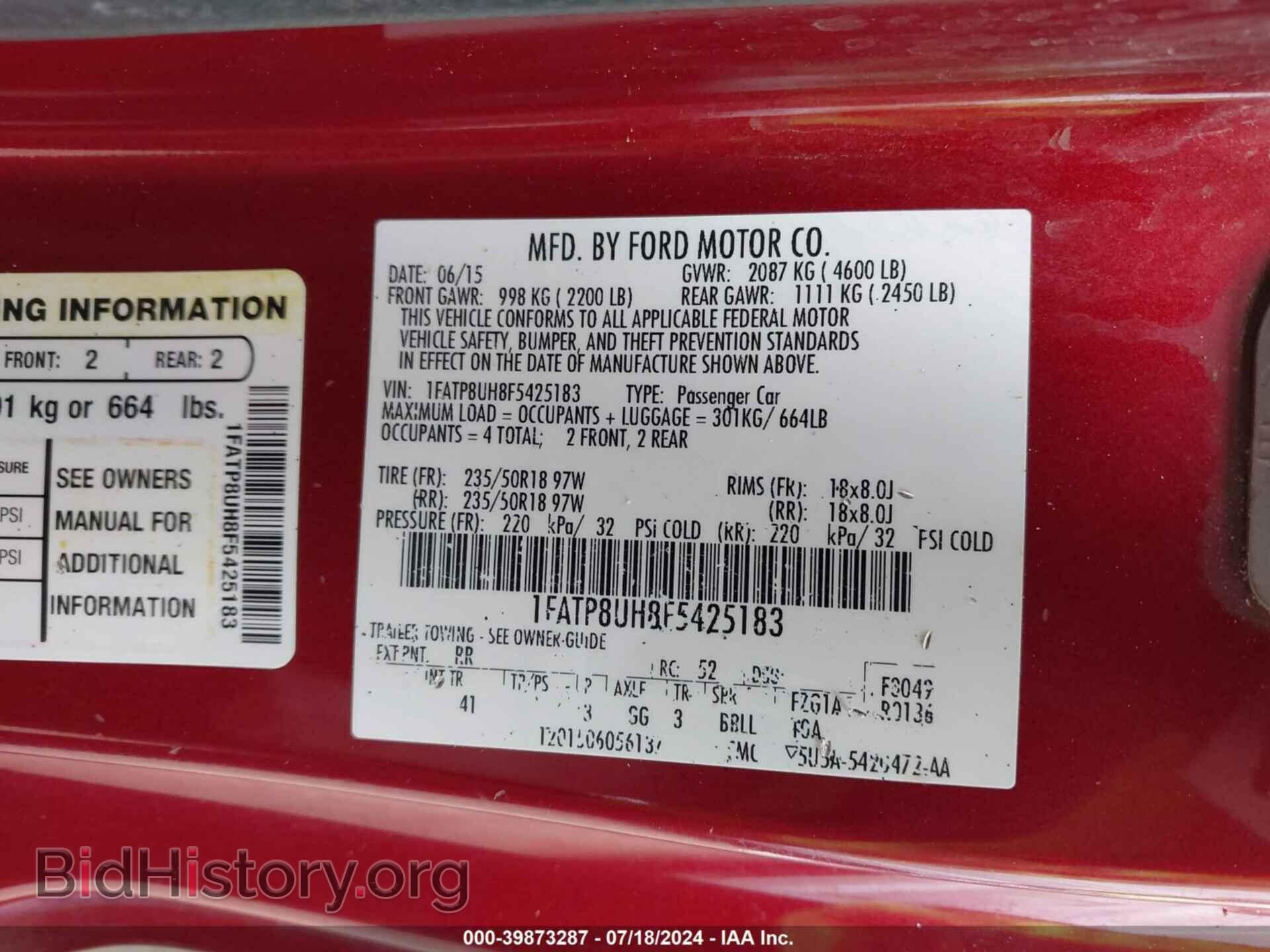 2015 FORD MUSTANG - VIN: 1FATP8UH8F5425183 - Фото 9