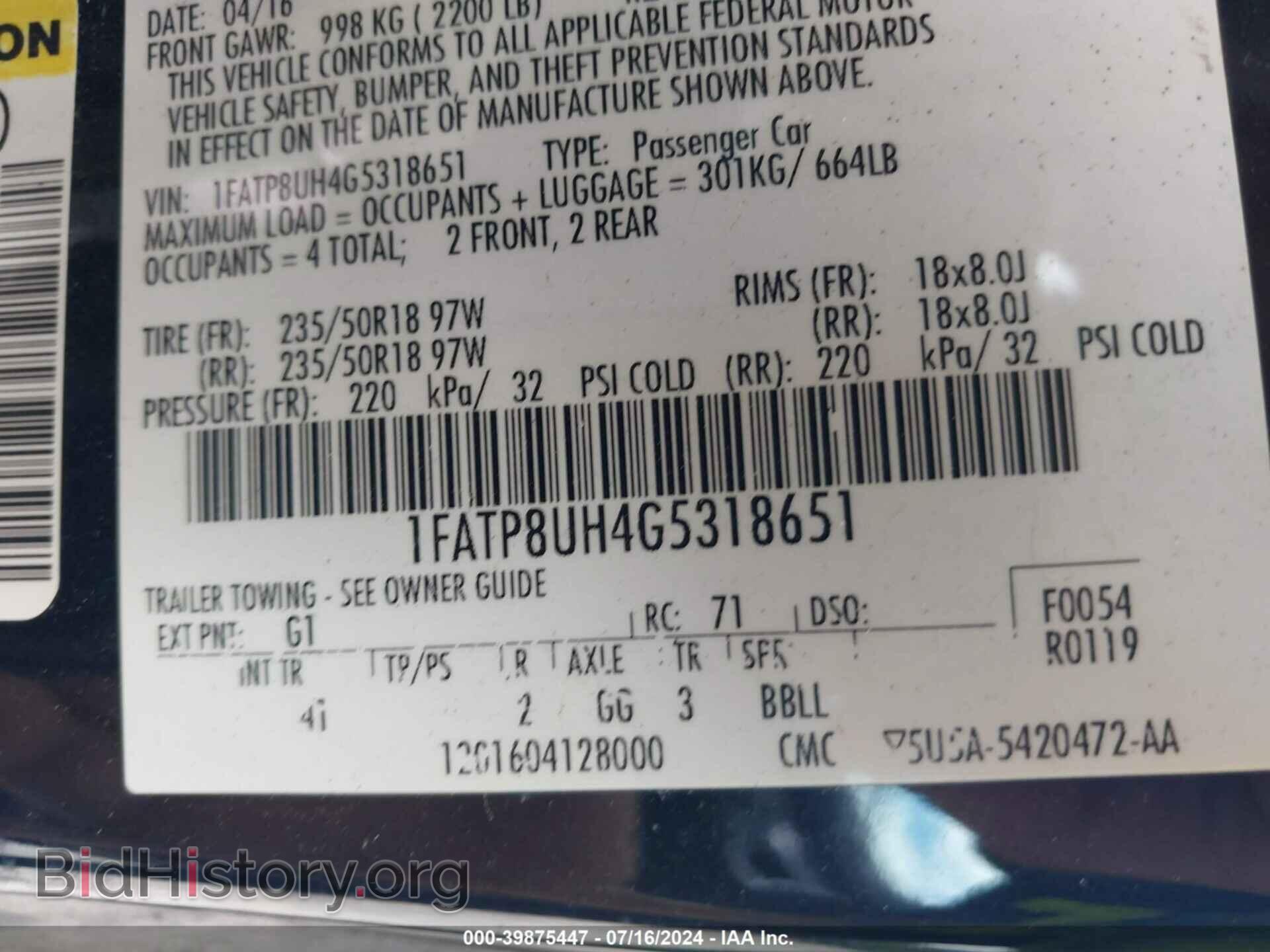 2016 FORD MUSTANG - VIN: 1FATP8UH4G5318651 - Фото 9