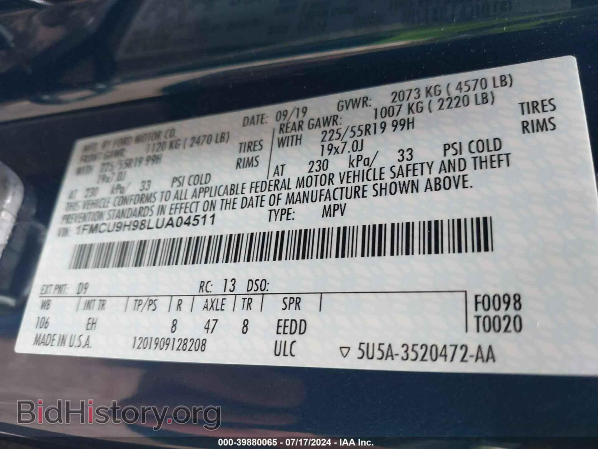 2020 FORD ESCAPE - VIN: 1FMCU9H98LUA04511 - Photo 9