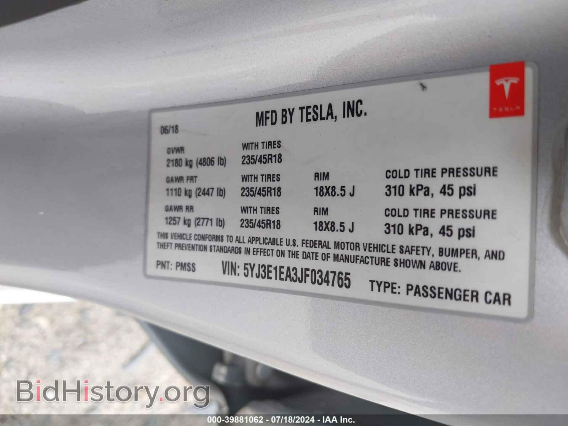 2018 TESLA MODEL 3 - VIN: 5YJ3E1EA3JF034765 - Фото 9
