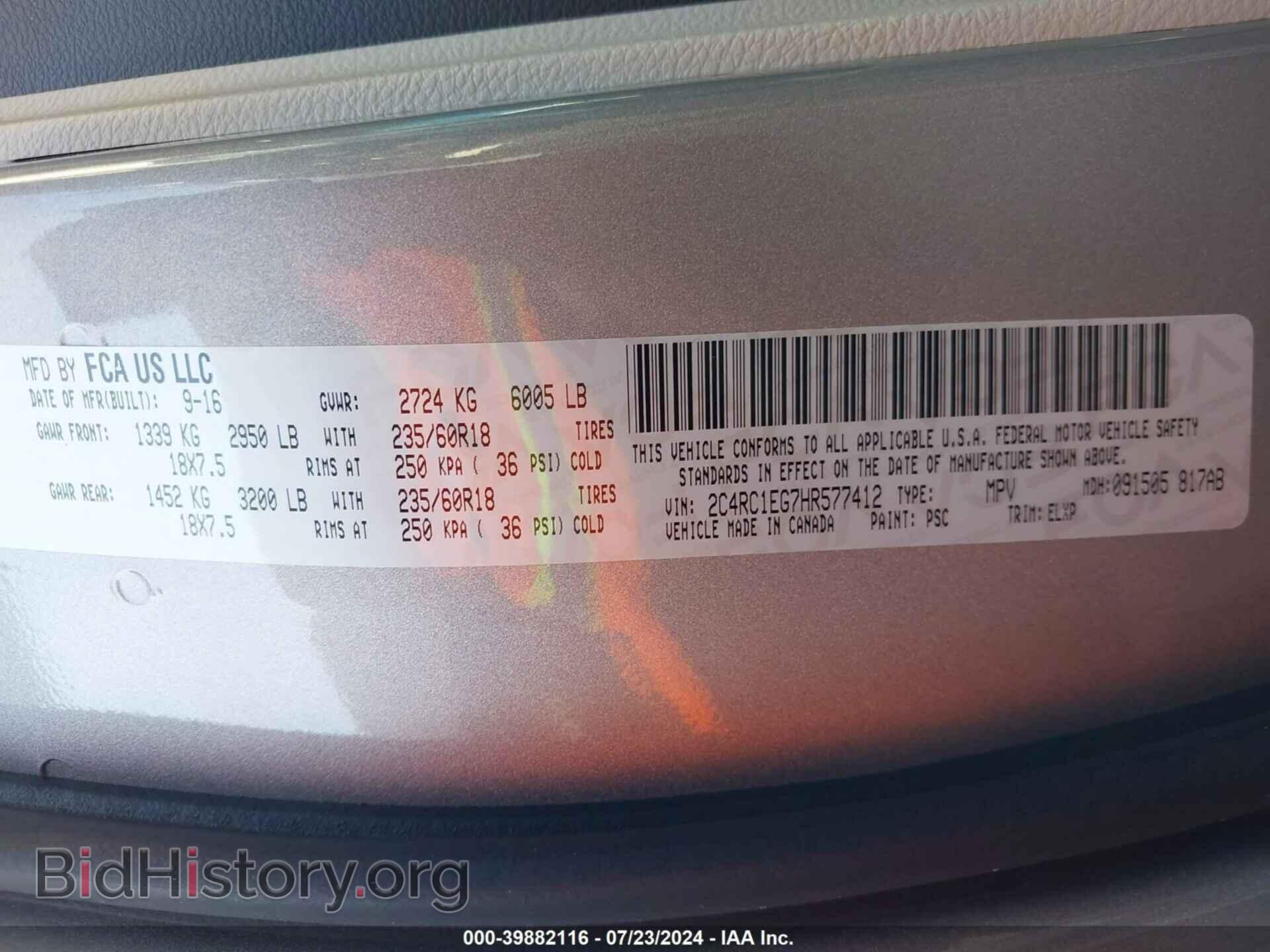 2017 CHRYSLER PACIFICA - VIN: 2C4RC1EG7HR577412 - Photo 9