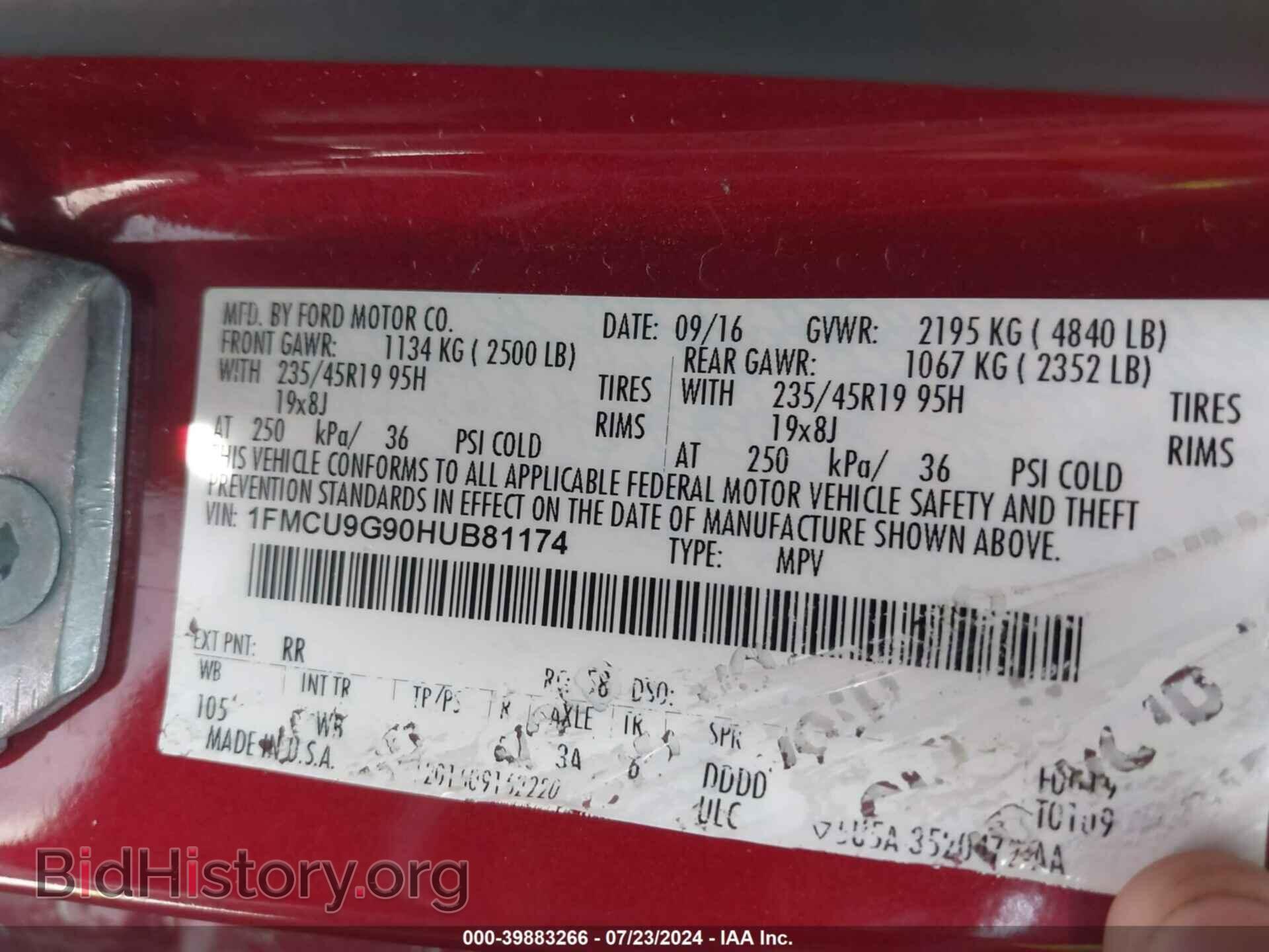 2017 FORD ESCAPE - VIN: 1FMCU9G90HUB81174 - Фото 9