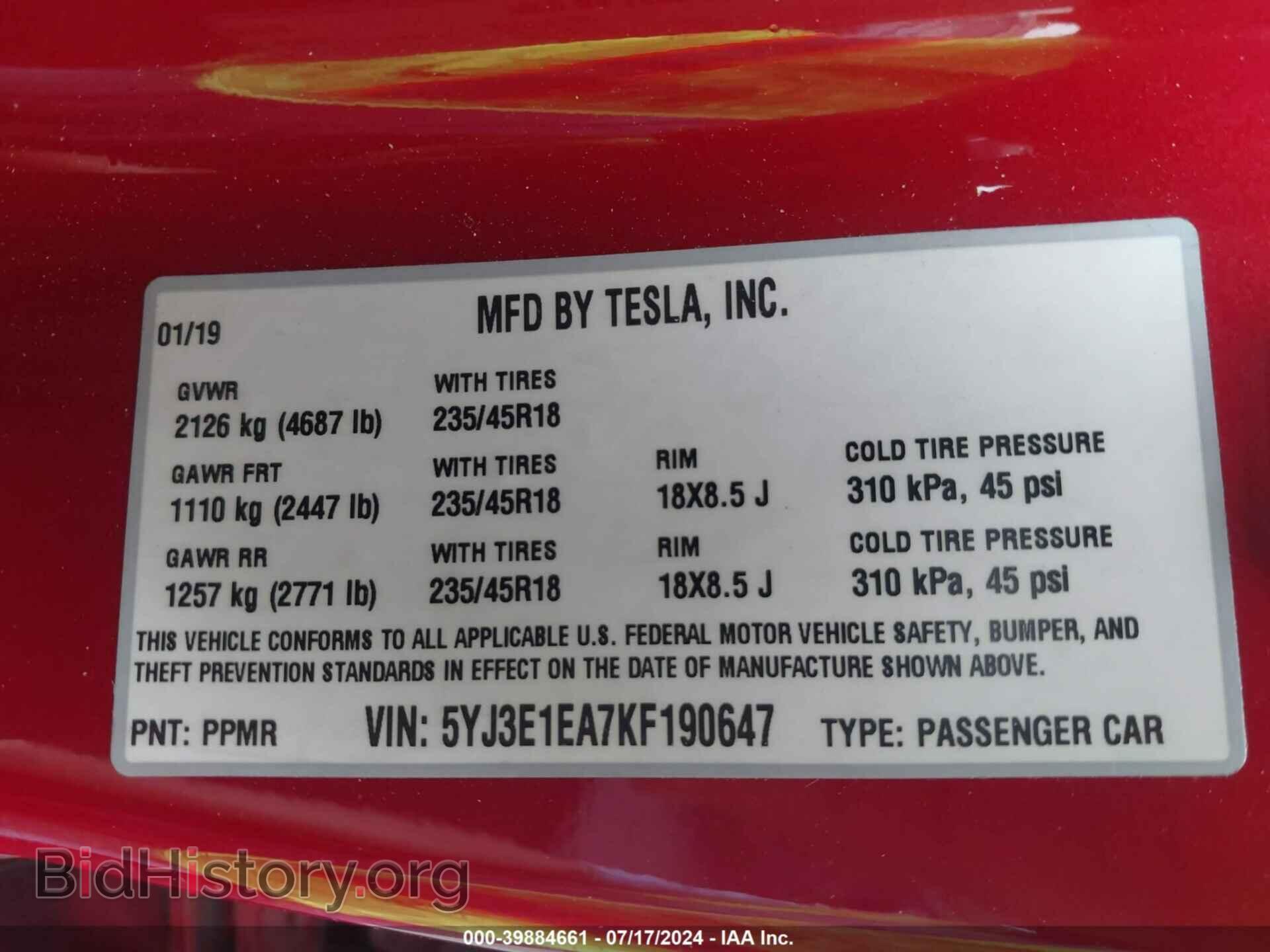 2019 TESLA MODEL 3 - VIN: 5YJ3E1EA7KF190647 - Фото 9