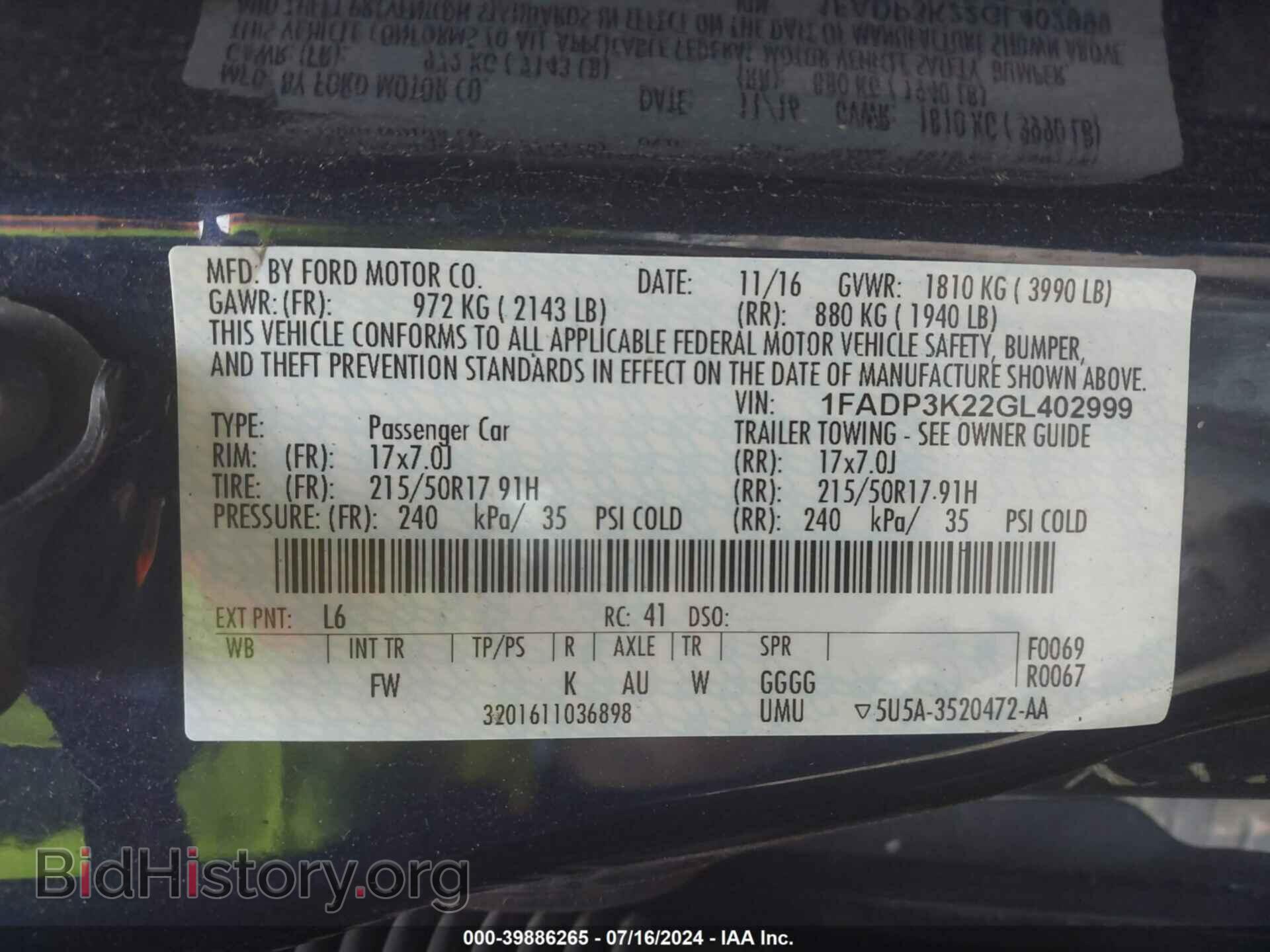 2016 FORD FOCUS - VIN: 1FADP3K22GL402999 - Фото 9