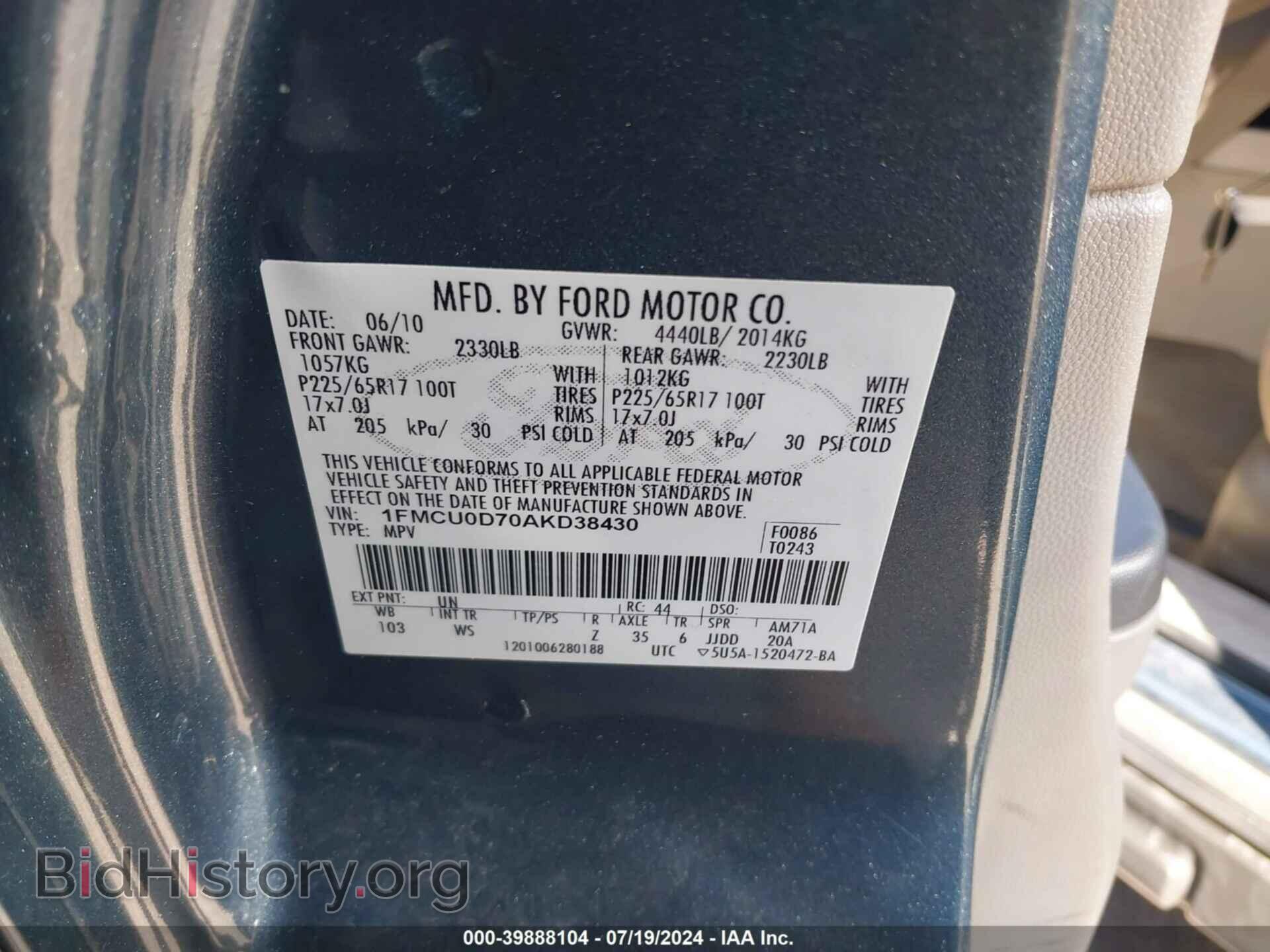 2010 FORD ESCAPE - VIN: 1FMCU0D70AKD38430 - Фото 9