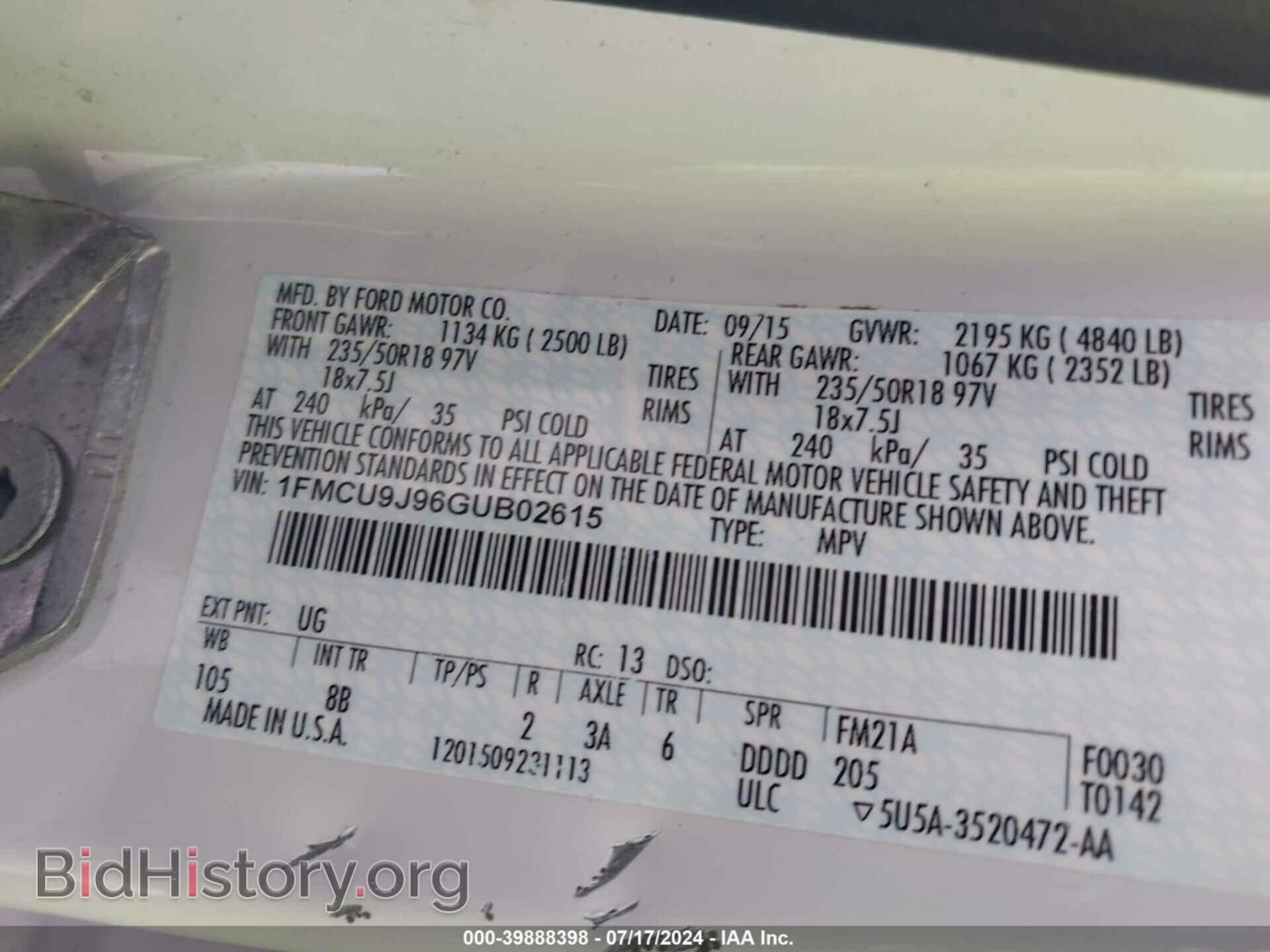 2016 FORD ESCAPE - VIN: 1FMCU9J96GUB02615 - Фото 9