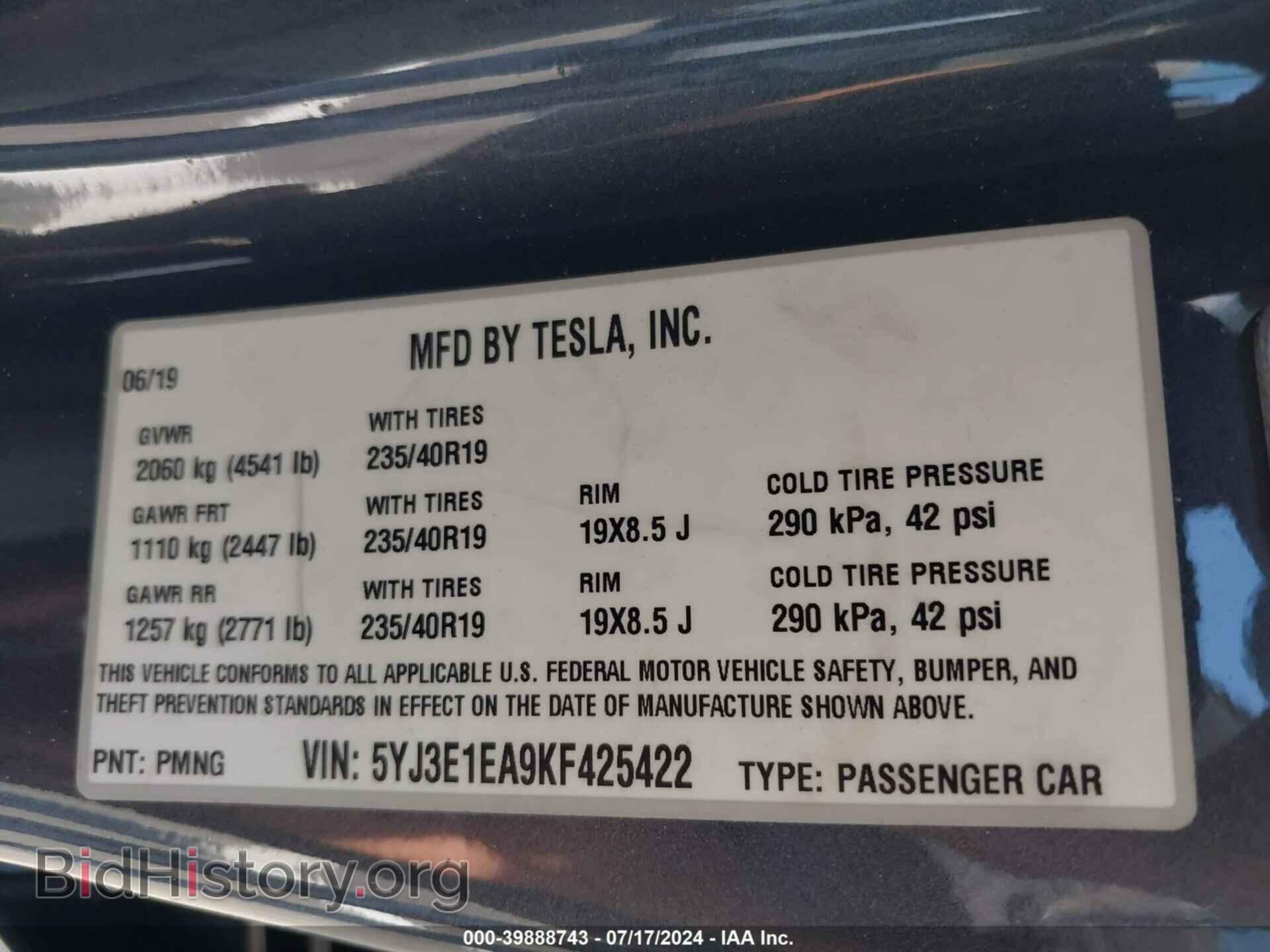 2019 TESLA MODEL 3 - VIN: 5YJ3E1EA9KF425422 - Фото 9