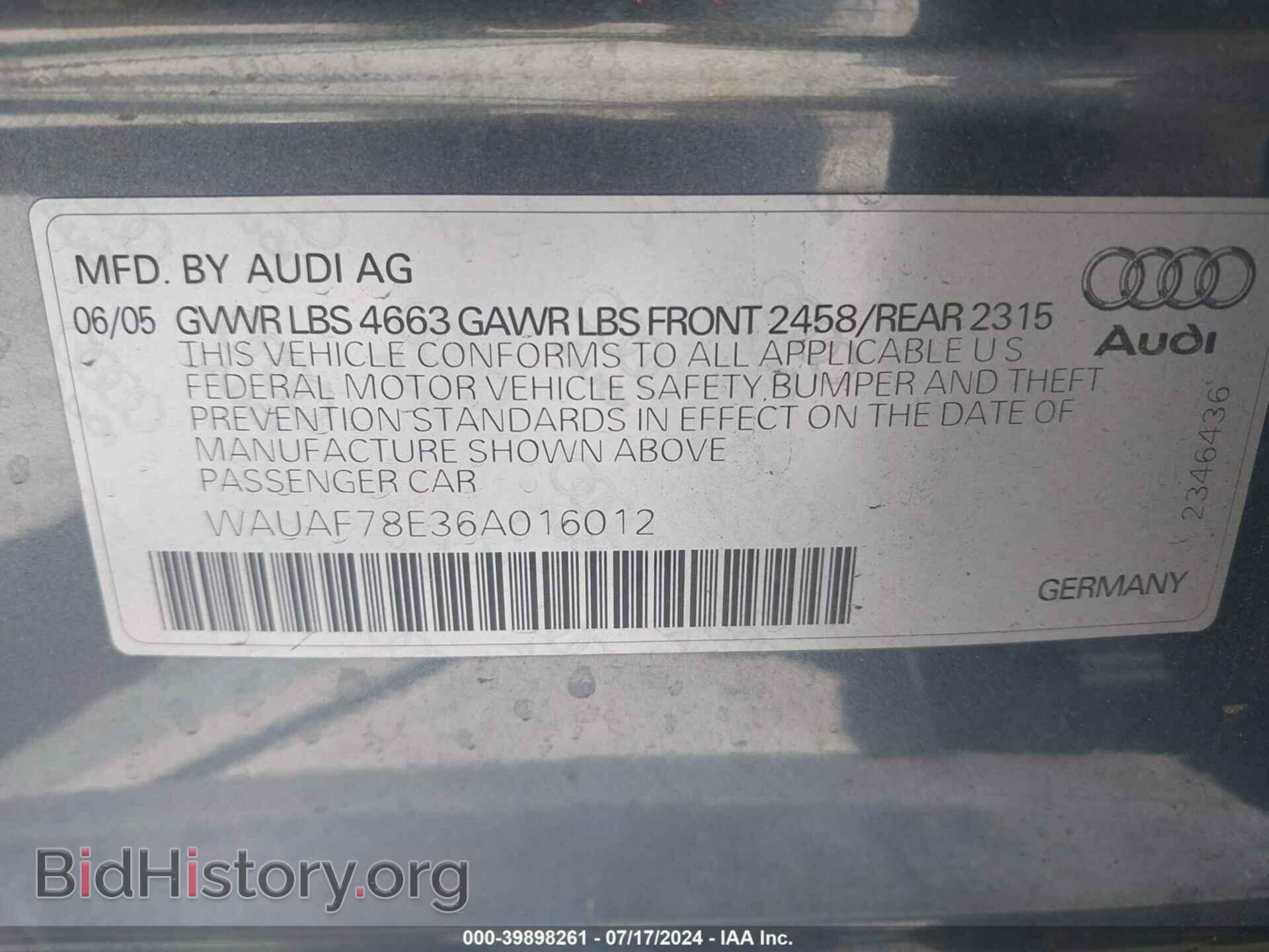 2006 AUDI A4 - VIN: WAUAF78E36A016012 - Фото 9