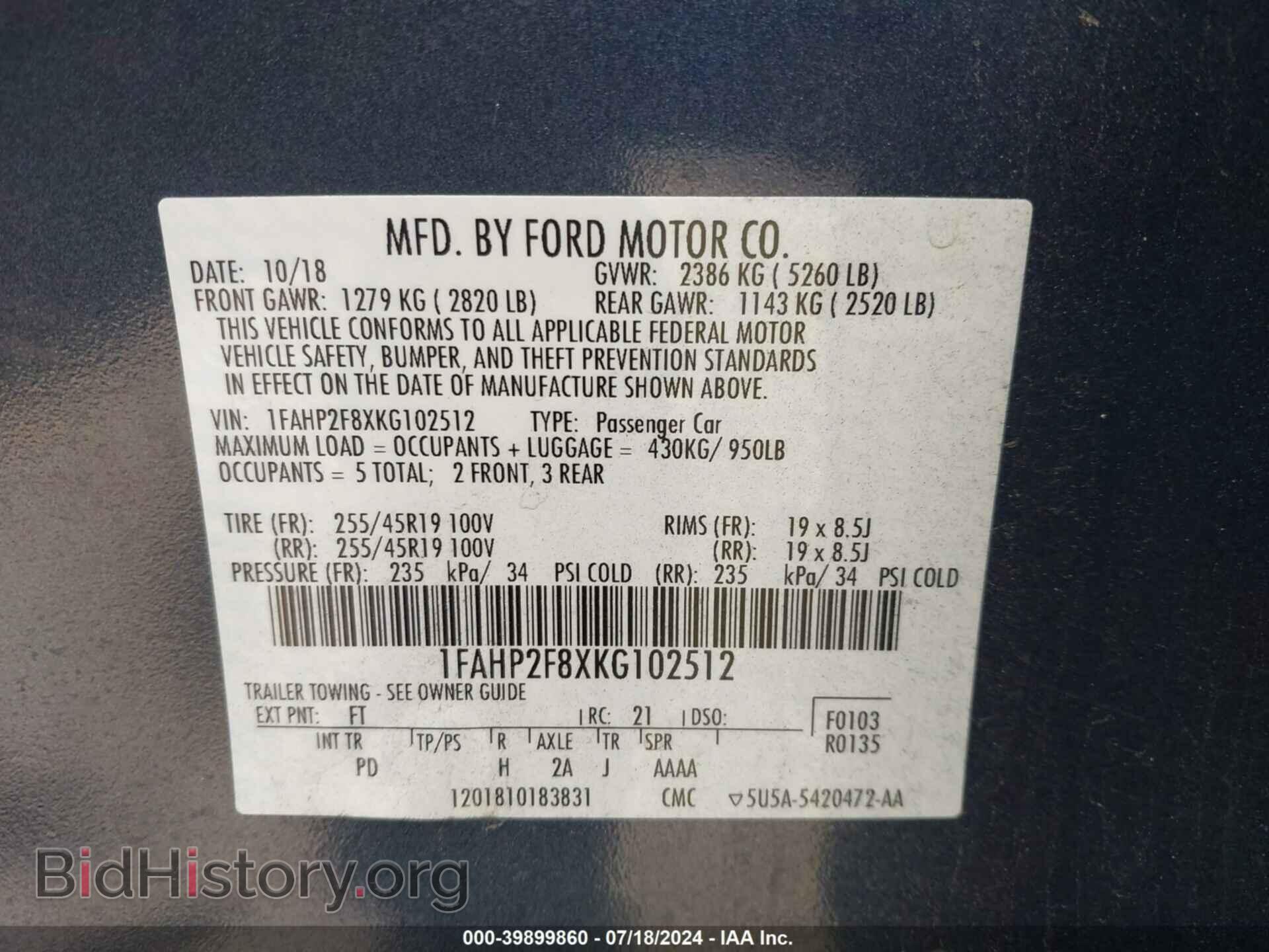 2019 FORD TAURUS - VIN: 1FAHP2F8XKG102512 - Фото 9