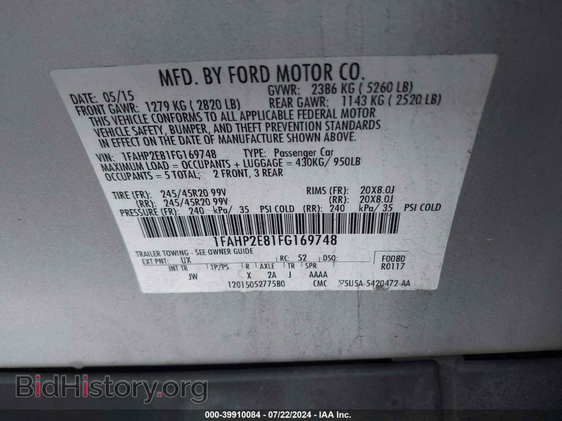 2015 FORD TAURUS - VIN: 1FAHP2E81FG169748 - Фото 9