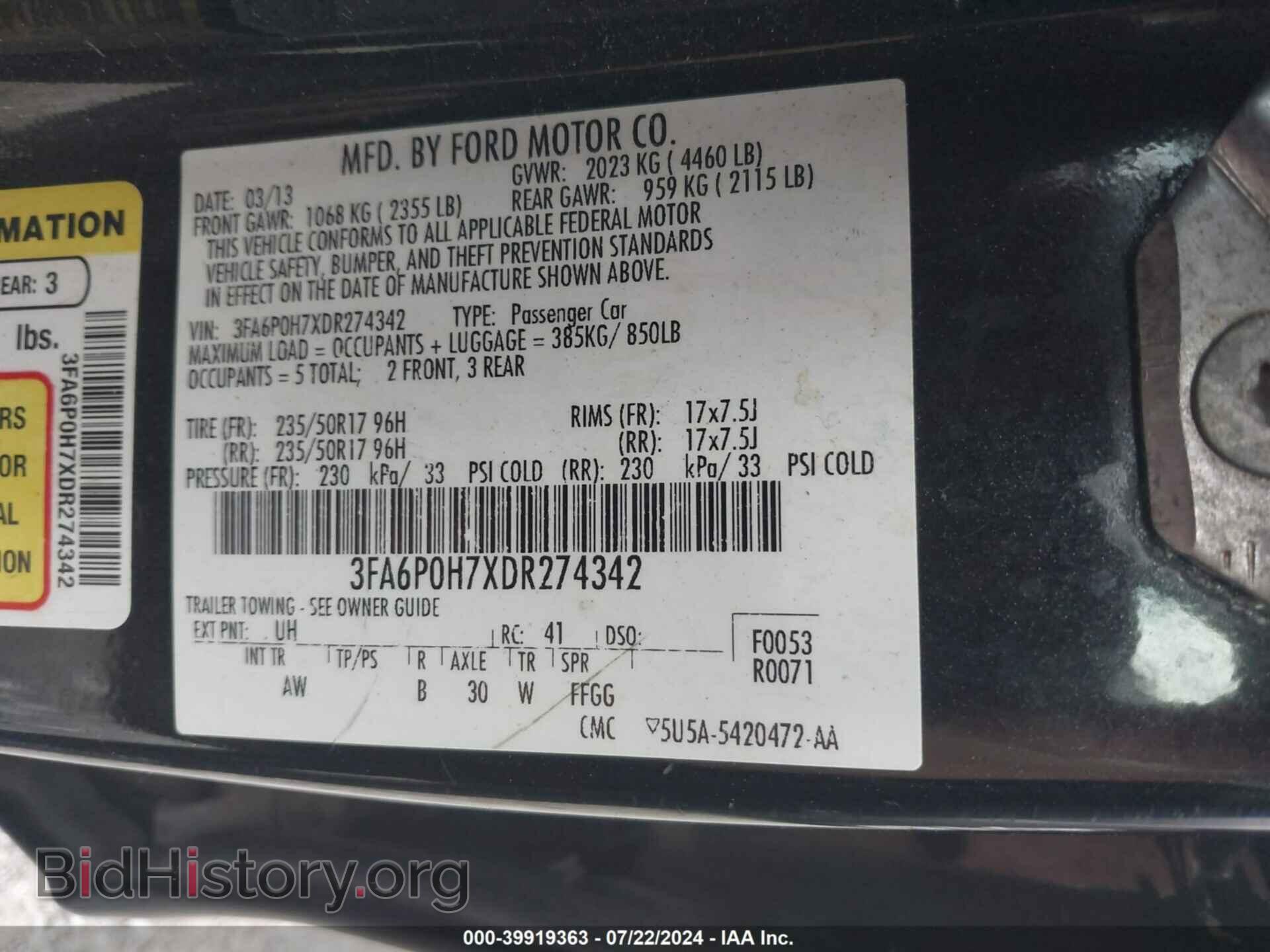 2013 FORD FUSION - VIN: 3FA6P0H7XDR274342 - Фото 9