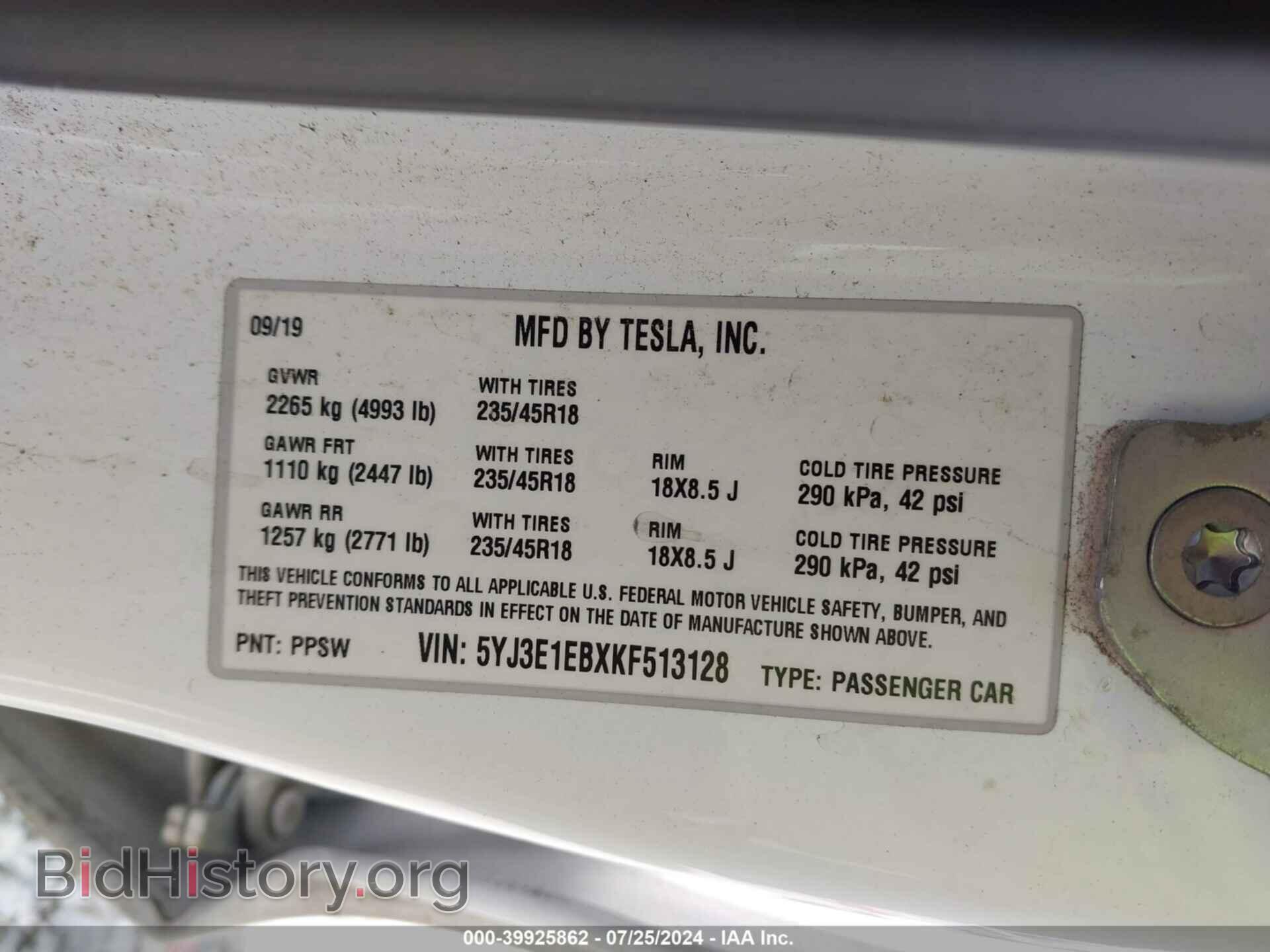 2019 TESLA MODEL 3 - VIN: 5YJ3E1EBXKF513128 - Фото 9