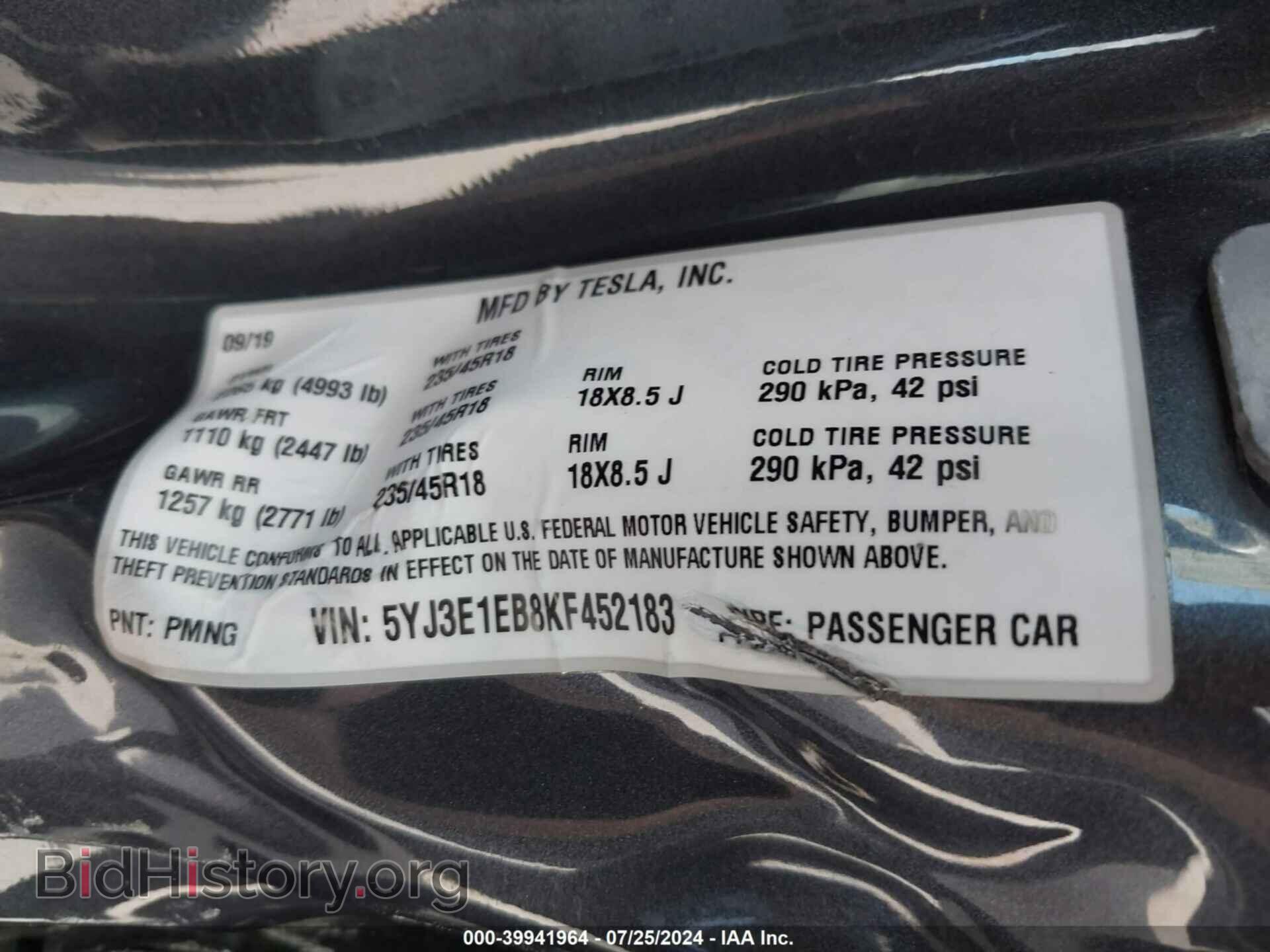 2019 TESLA MODEL 3 - VIN: 5YJ3E1EB8KF452183 - Фото 9