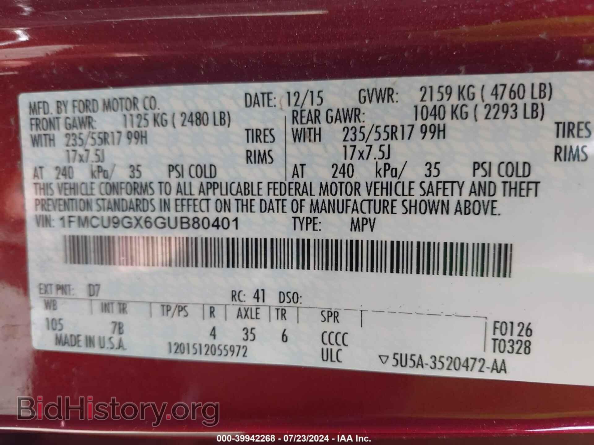 2016 FORD ESCAPE - VIN: 1FMCU9GX6GUB80401 - Фото 9
