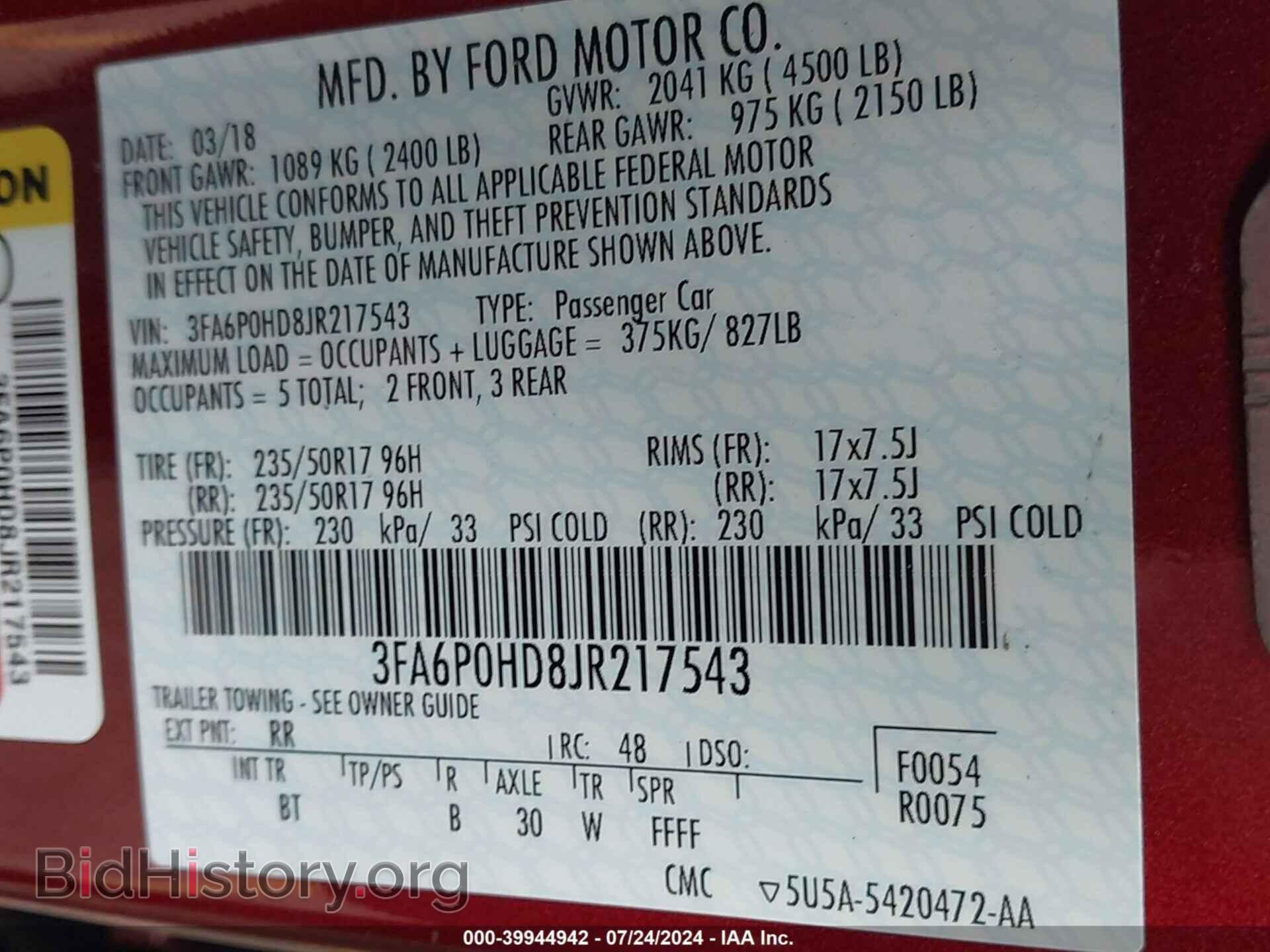 2018 FORD FUSION - VIN: 3FA6P0HD8JR217543 - Фото 9