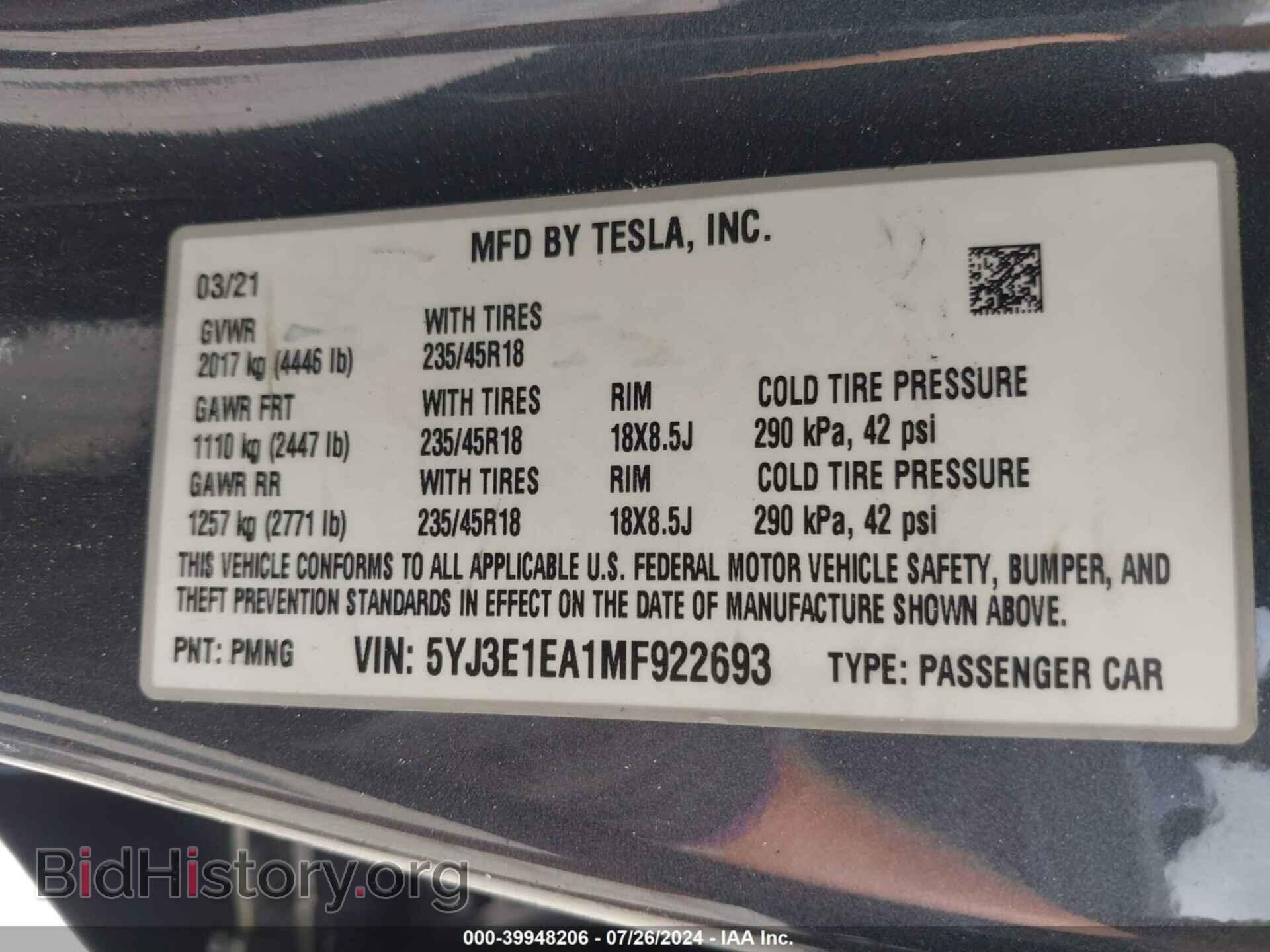 2021 TESLA MODEL 3 - VIN: 5YJ3E1EA1MF922693 - Фото 9
