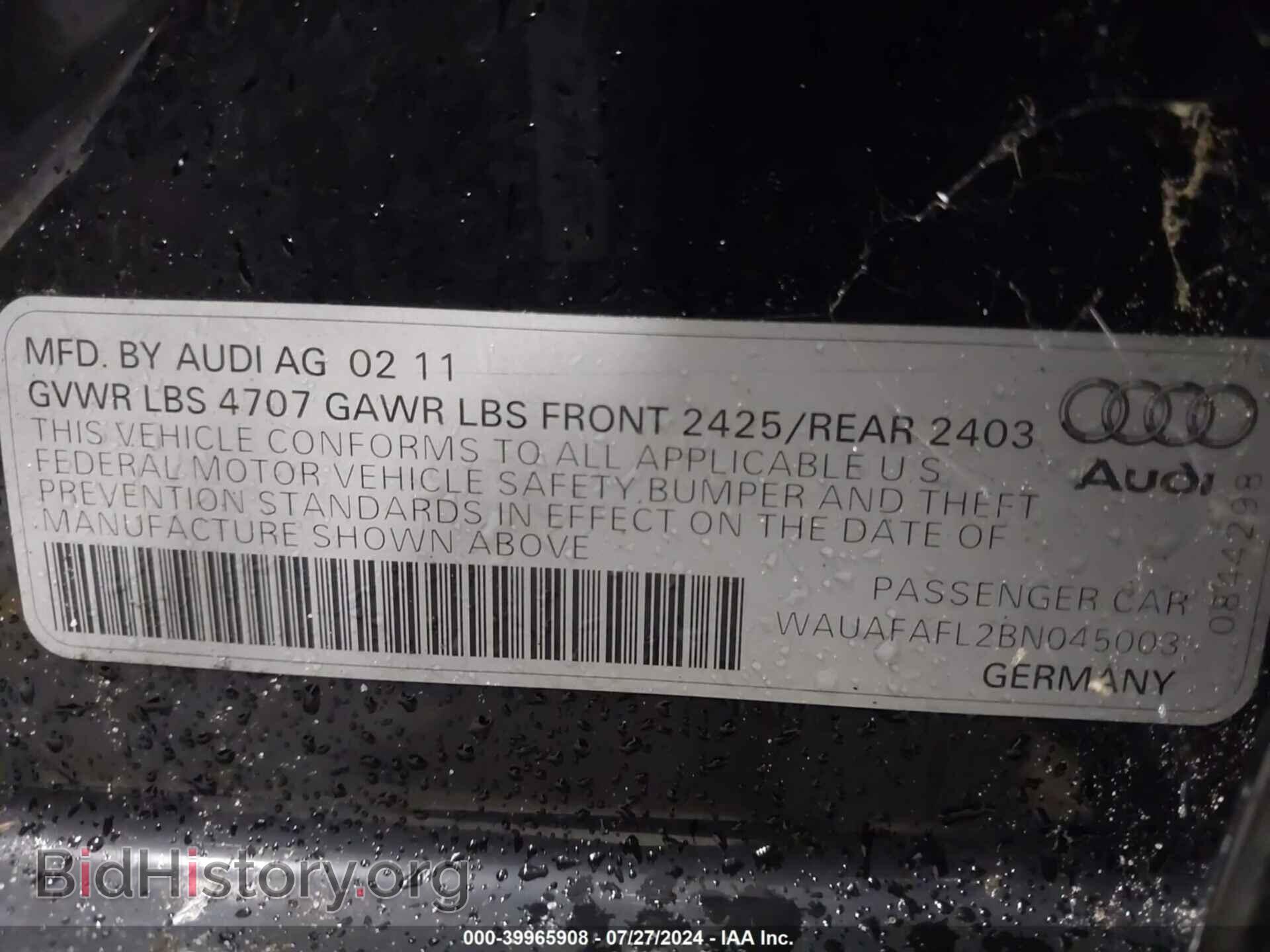 2011 AUDI A4 - VIN: WAUAFAFL2BN045003 - Фото 9