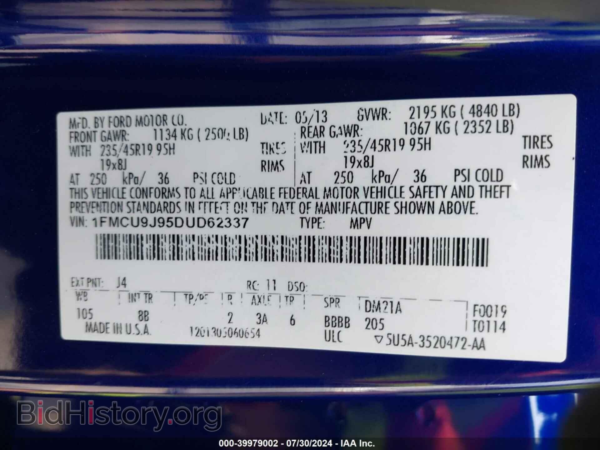2013 FORD ESCAPE - VIN: 1FMCU9J95DUD62337 - Фото 9