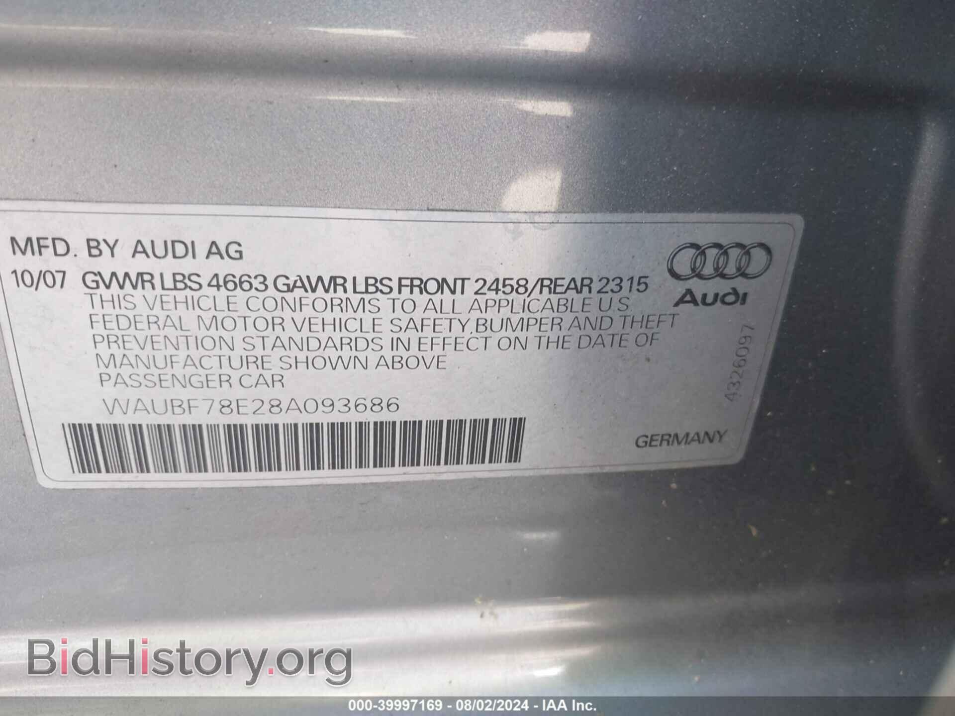 2008 AUDI A4 - VIN: WAUBF78E28A093686 - Фото 9