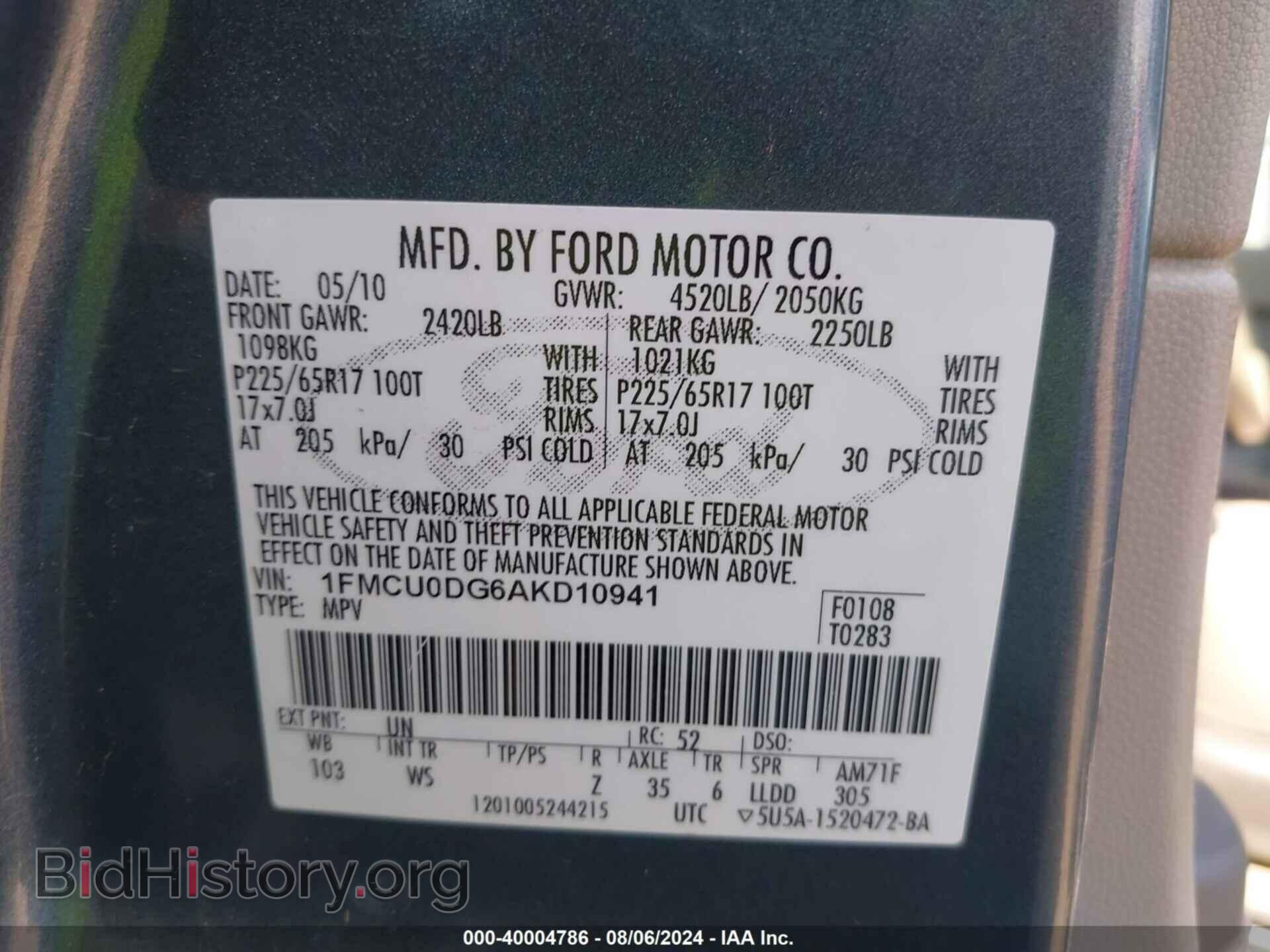 2010 FORD ESCAPE - VIN: 1FMCU0DG6AKD10941 - Фото 9