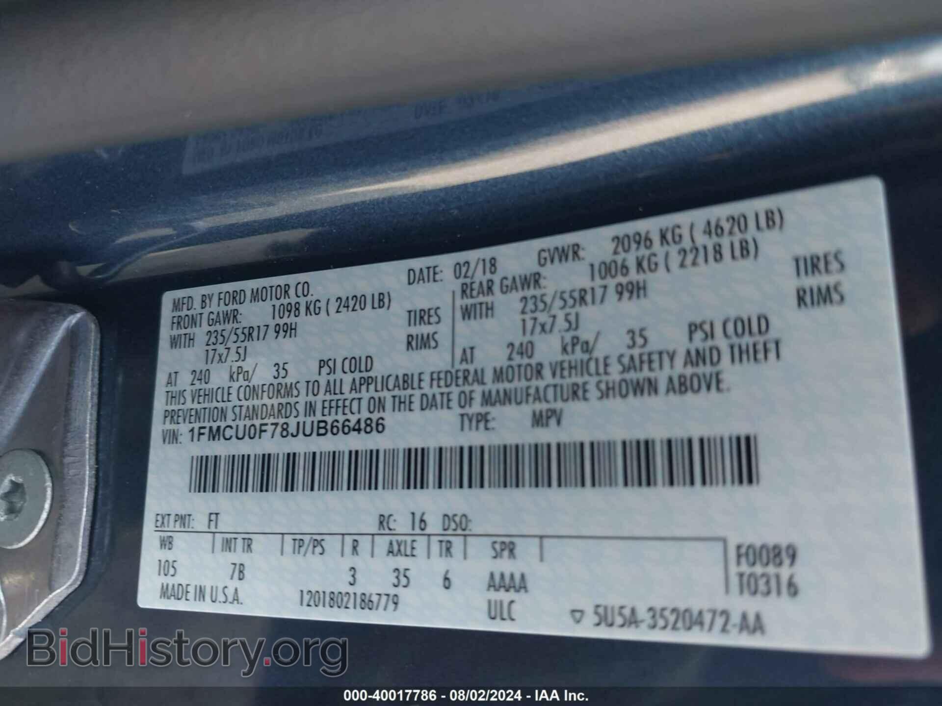 2018 FORD ESCAPE - VIN: 1FMCU0F78JUB66486 - Фото 9