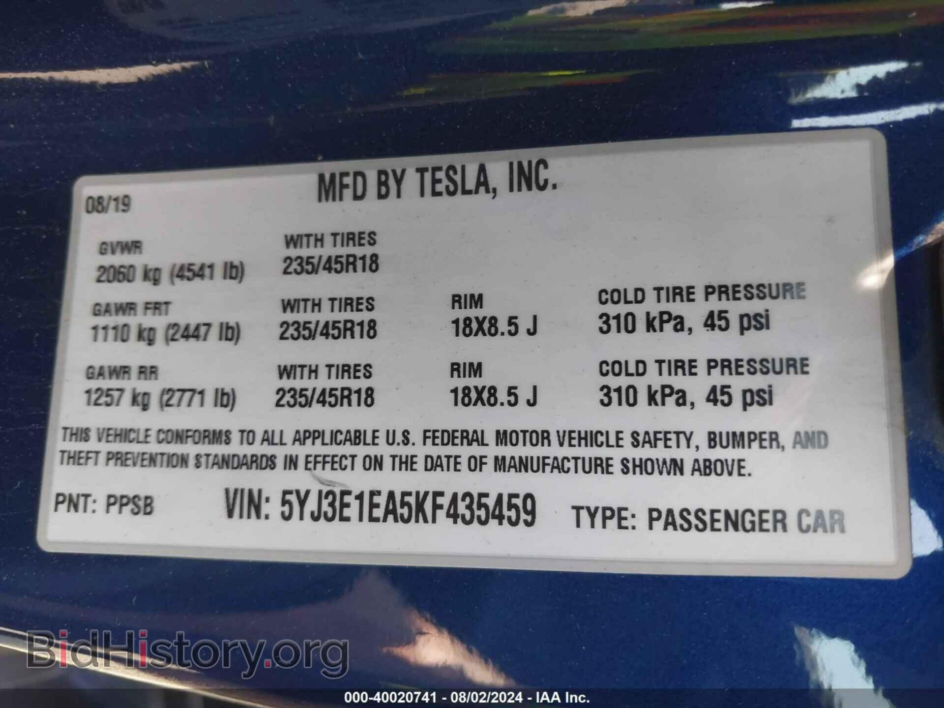 2019 TESLA MODEL 3 - VIN: 5YJ3E1EA5KF435459 - Фото 9