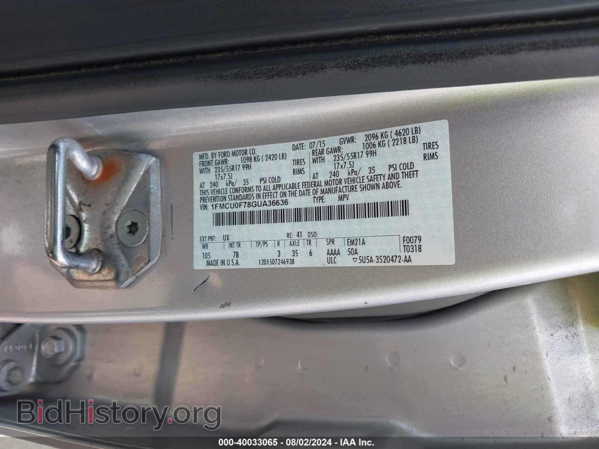 2016 FORD ESCAPE - VIN: 1FMCU0F78GUA36636 - Фото 9