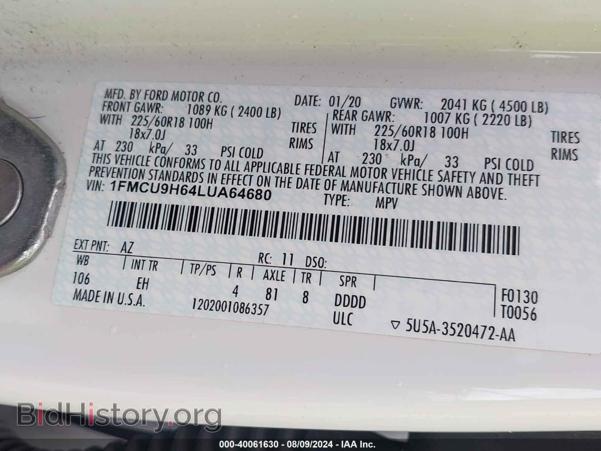 2020 FORD ESCAPE - VIN: 1FMCU9H64LUA64680 - Photo 9