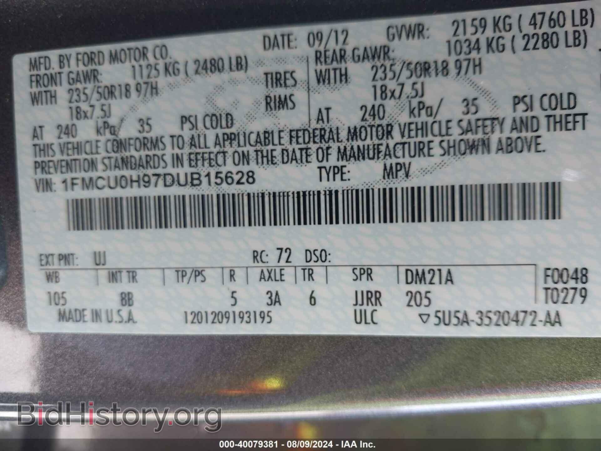 2013 FORD ESCAPE - VIN: 1FMCU0H97DUB15628 - Фото 9